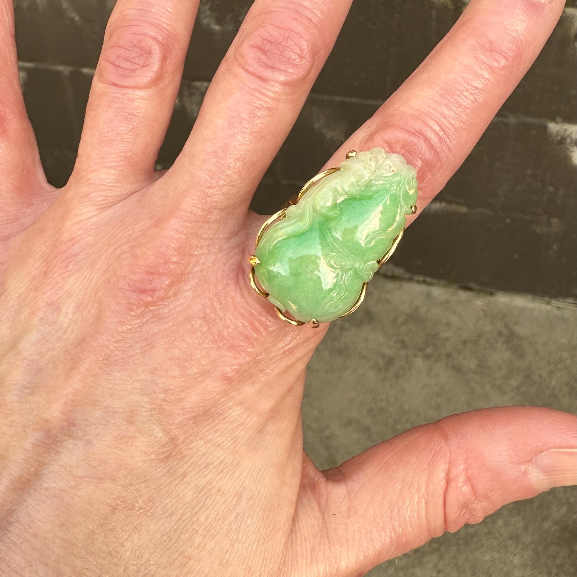 Uncut Carved Type A Green Jadeite Jade Lucky Calabash Gourd Cocktail Ring in 14K Gold For Sale