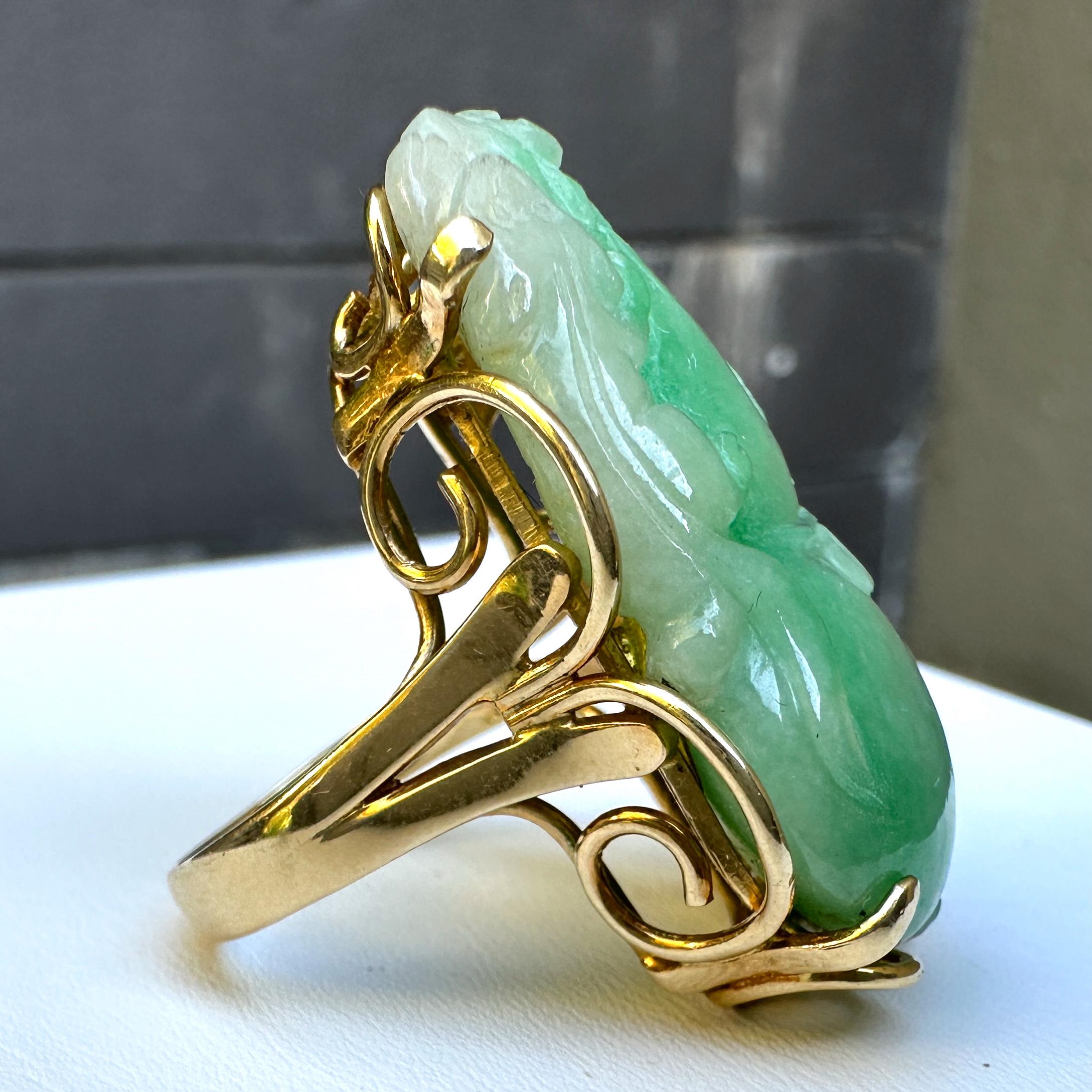 Women's or Men's Carved Type A Green Jadeite Jade Lucky Calabash Gourd Cocktail Ring in 14K Gold For Sale