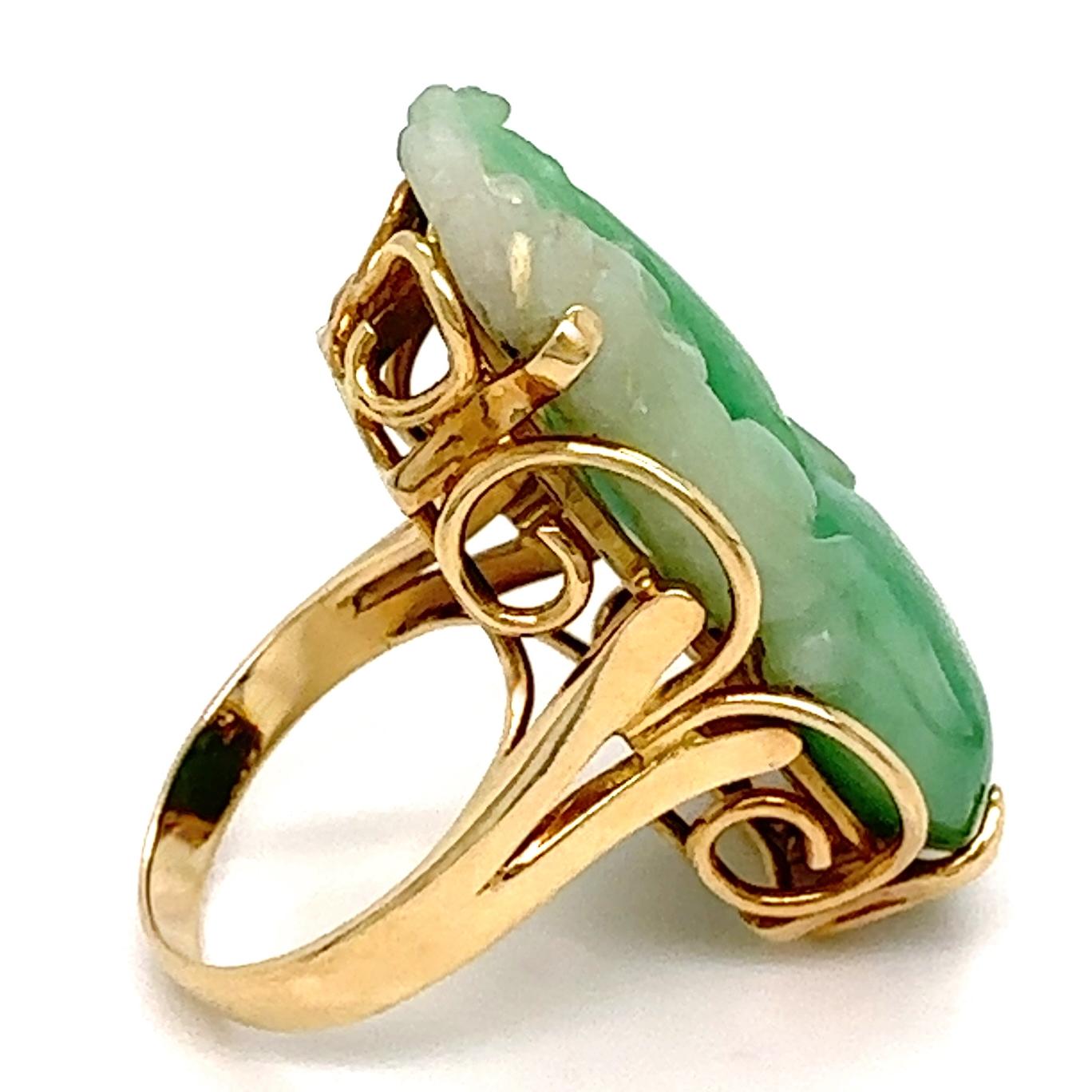 Carved Type A Green Jadeite Jade Lucky Calabash Gourd Cocktail Ring in 14K Gold For Sale 2