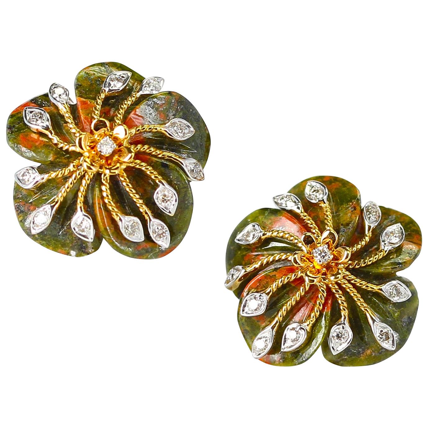 Carved Unakite Green and Orange Tone Earrings with Diamonds, 14 Karat Gold For Sale