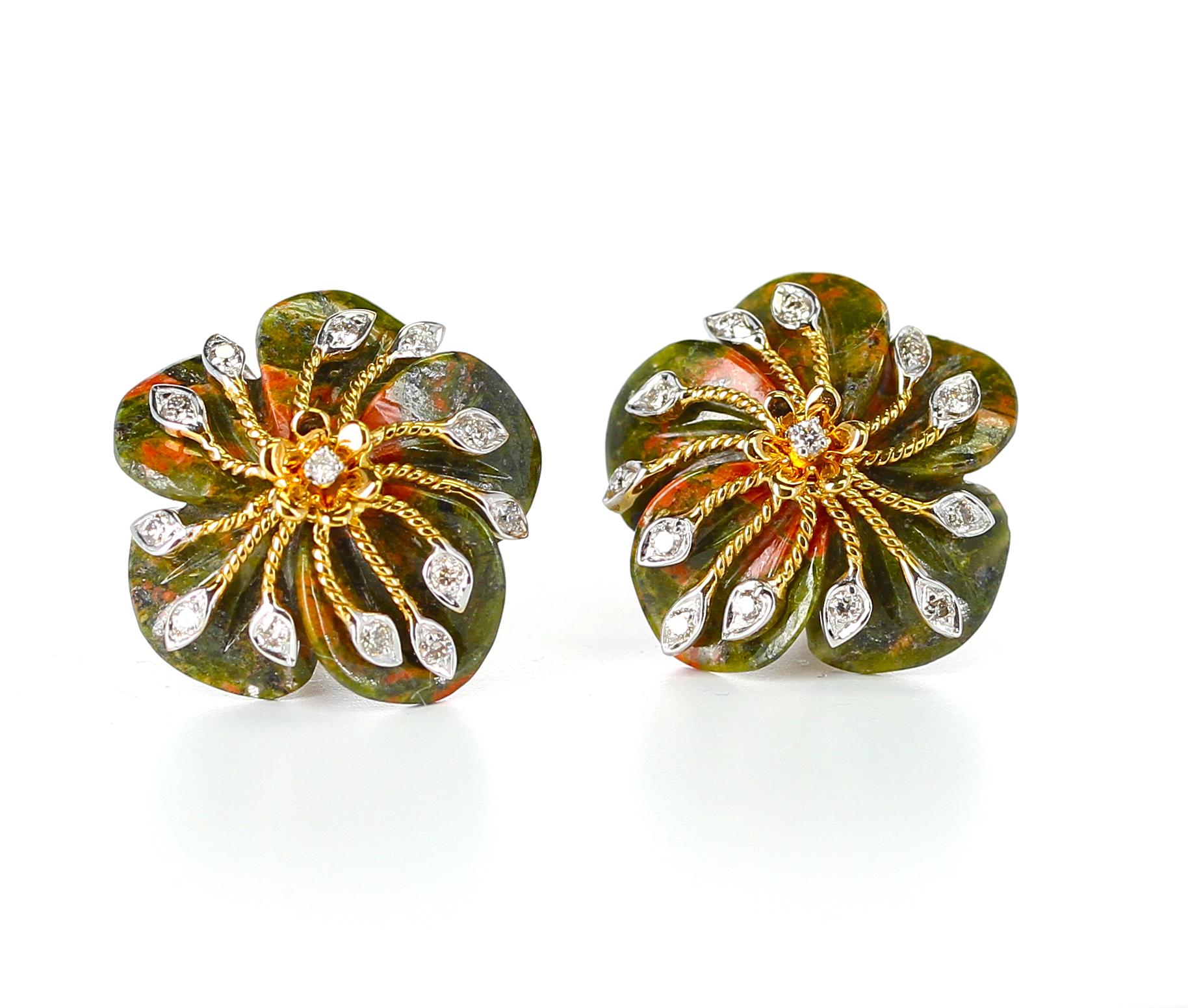 A blended color of green and orange in Carved Unakite Earrings with Diamonds, 14K Gold, Diamond Weight: 0.23 carats, Unakite: 16.45 carats, Length:  ¾” Metal type and stones can be customized. 