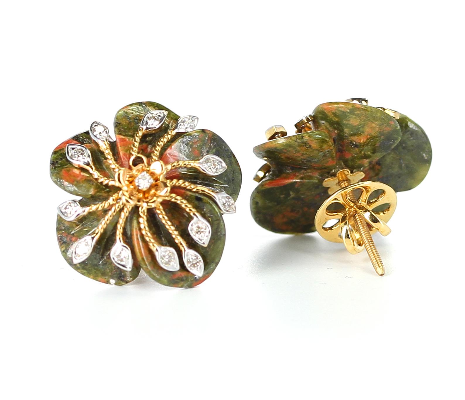 Round Cut Carved Unakite Green and Orange Tone Earrings with Diamonds, 14 Karat Gold For Sale