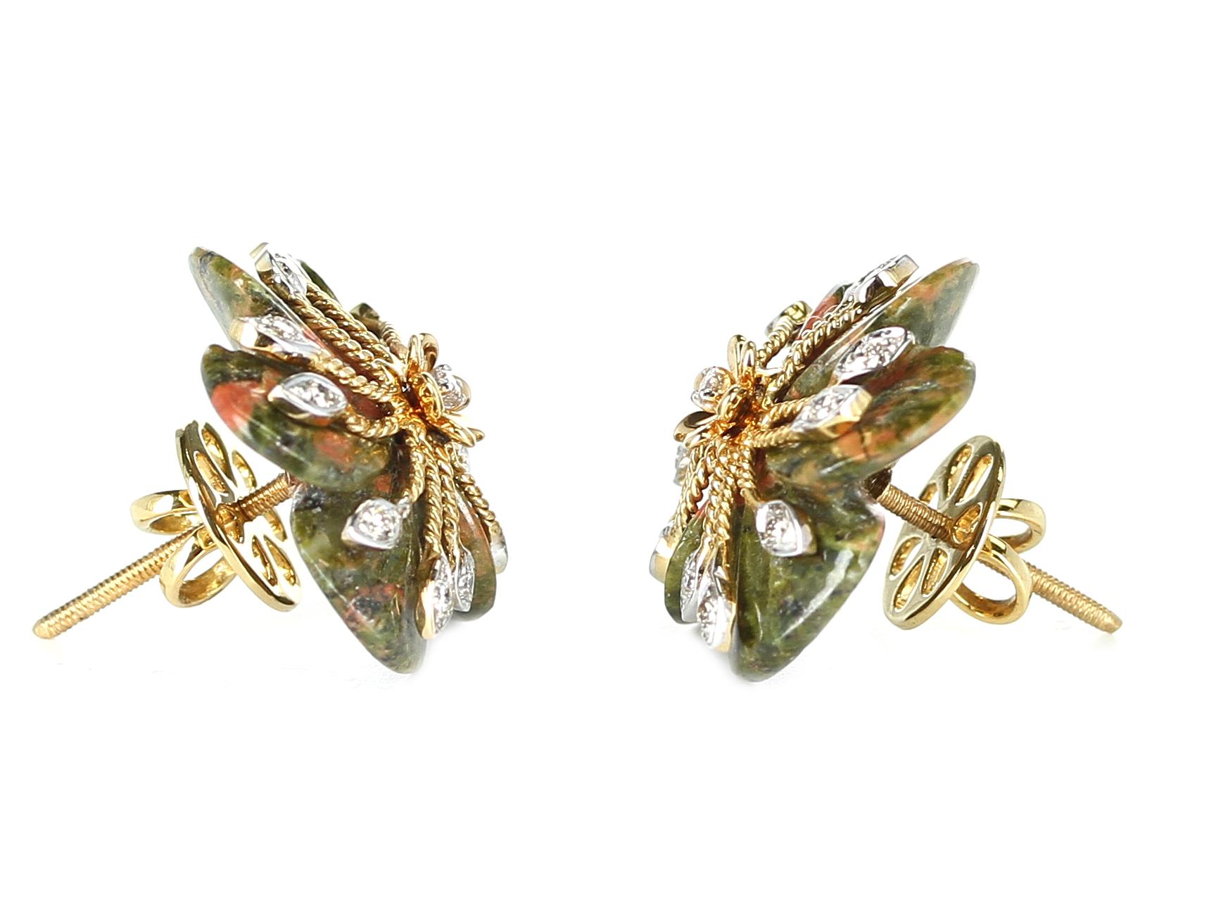 Carved Unakite Green and Orange Tone Earrings with Diamonds, 14 Karat Gold In New Condition For Sale In New York, NY