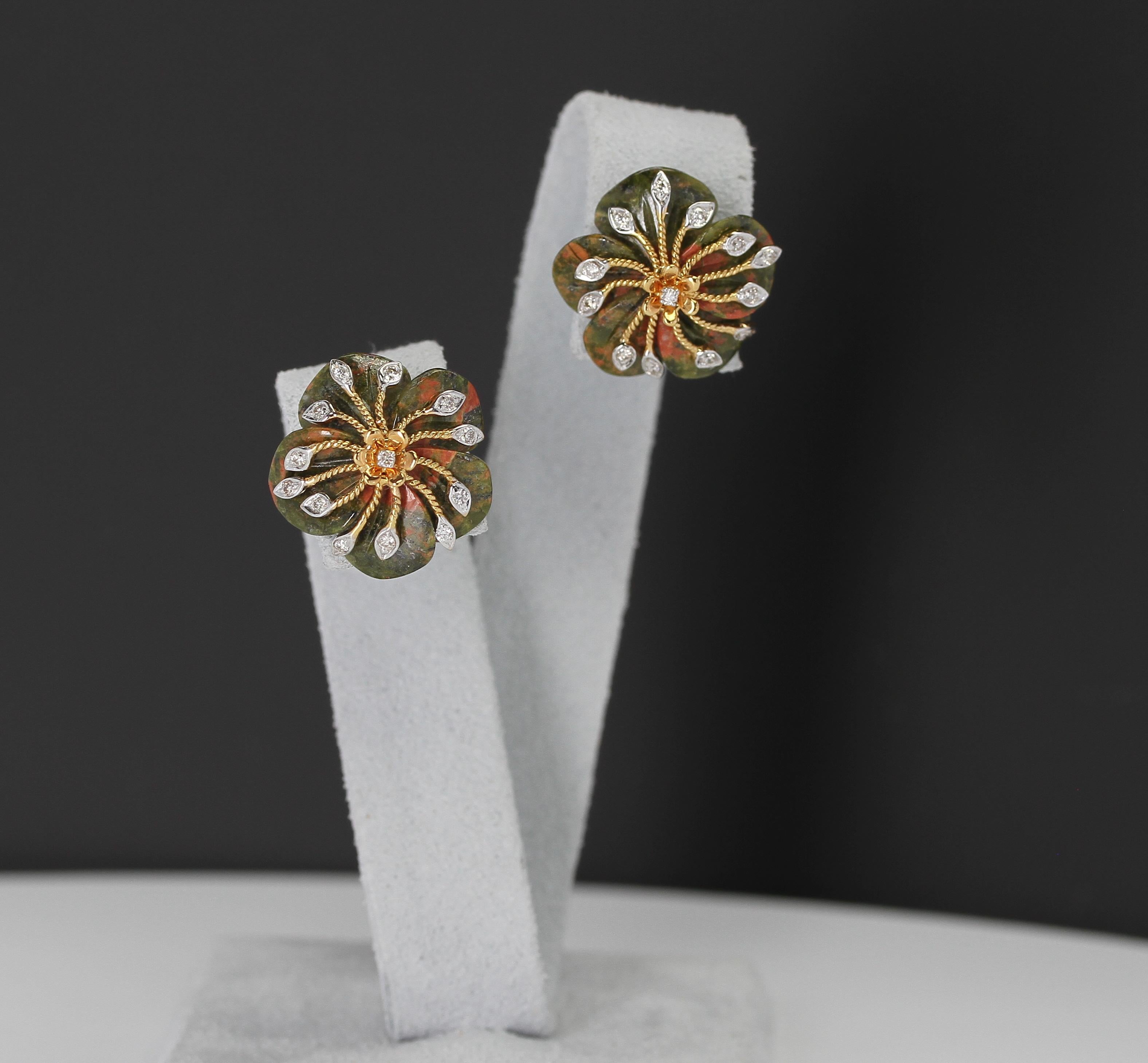 Carved Unakite Green and Orange Tone Earrings with Diamonds, 14 Karat Gold For Sale 2