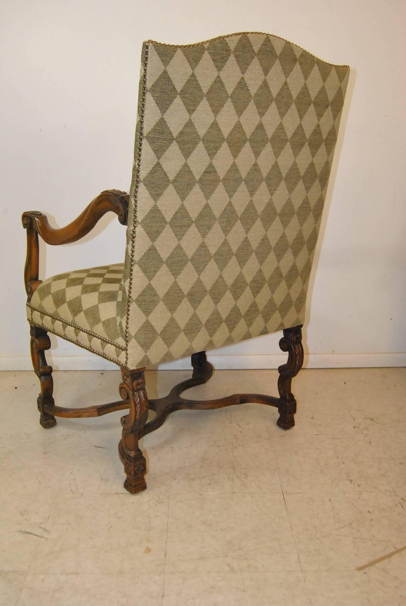 French Provincial Carved Upholstered  Jacobean Armchair by Sherrill Furniture #1110 For Sale