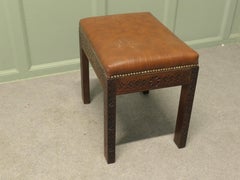 Carved Upholstered Tan Library or Window Stool