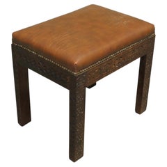 Carved Upholstered Tan Library or Window Stool