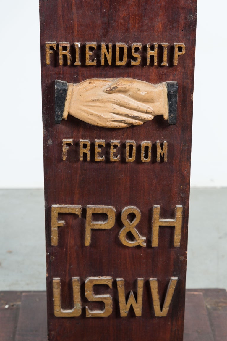 Carved USWV Lodge Pedestal Podiums Folk Art American Flag and Clasped Hands In Good Condition For Sale In Santa Monica, CA