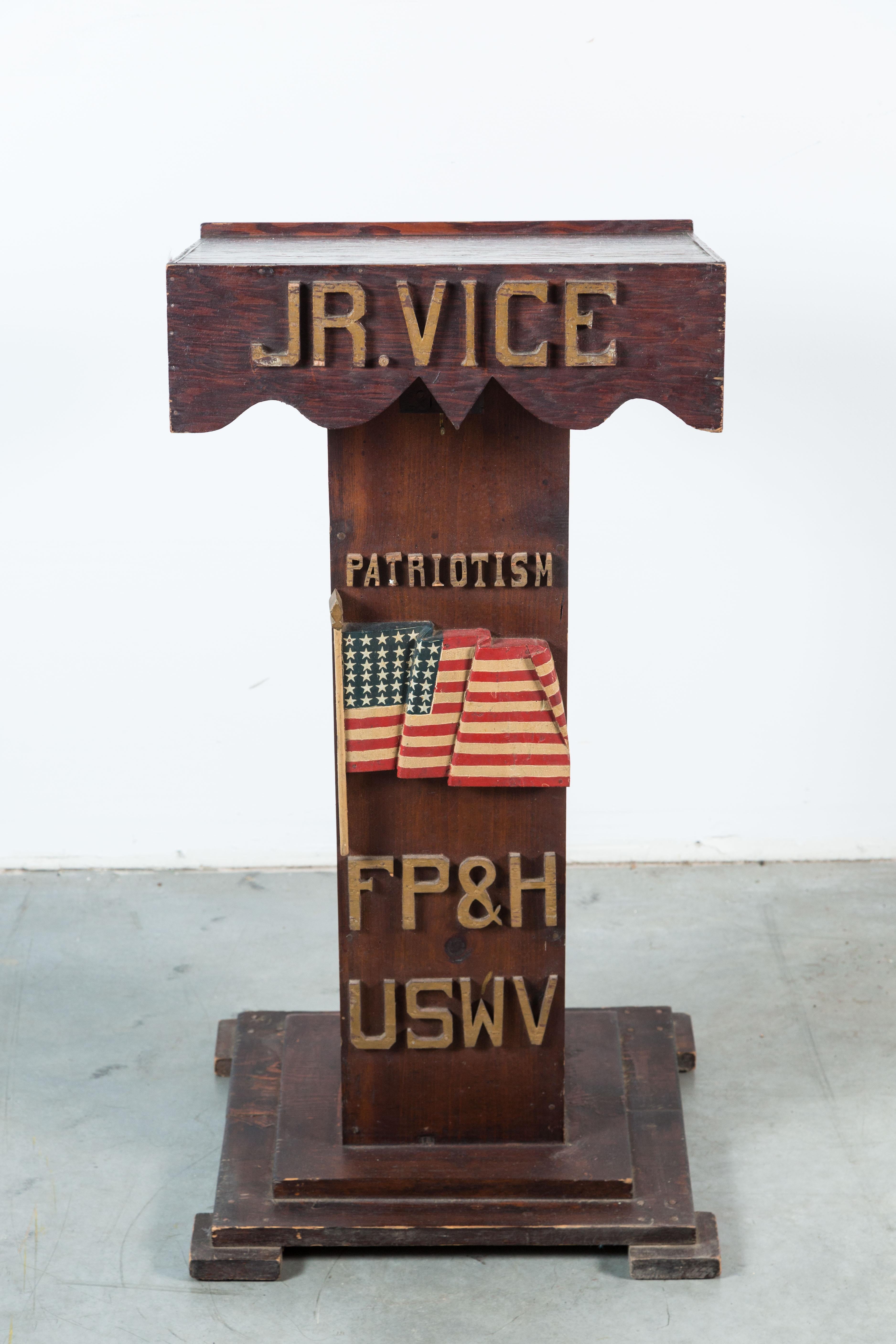 Hand-Painted Carved USWV Lodge Pedestal Podiums Folk Art American Flag and Clasped Hands For Sale