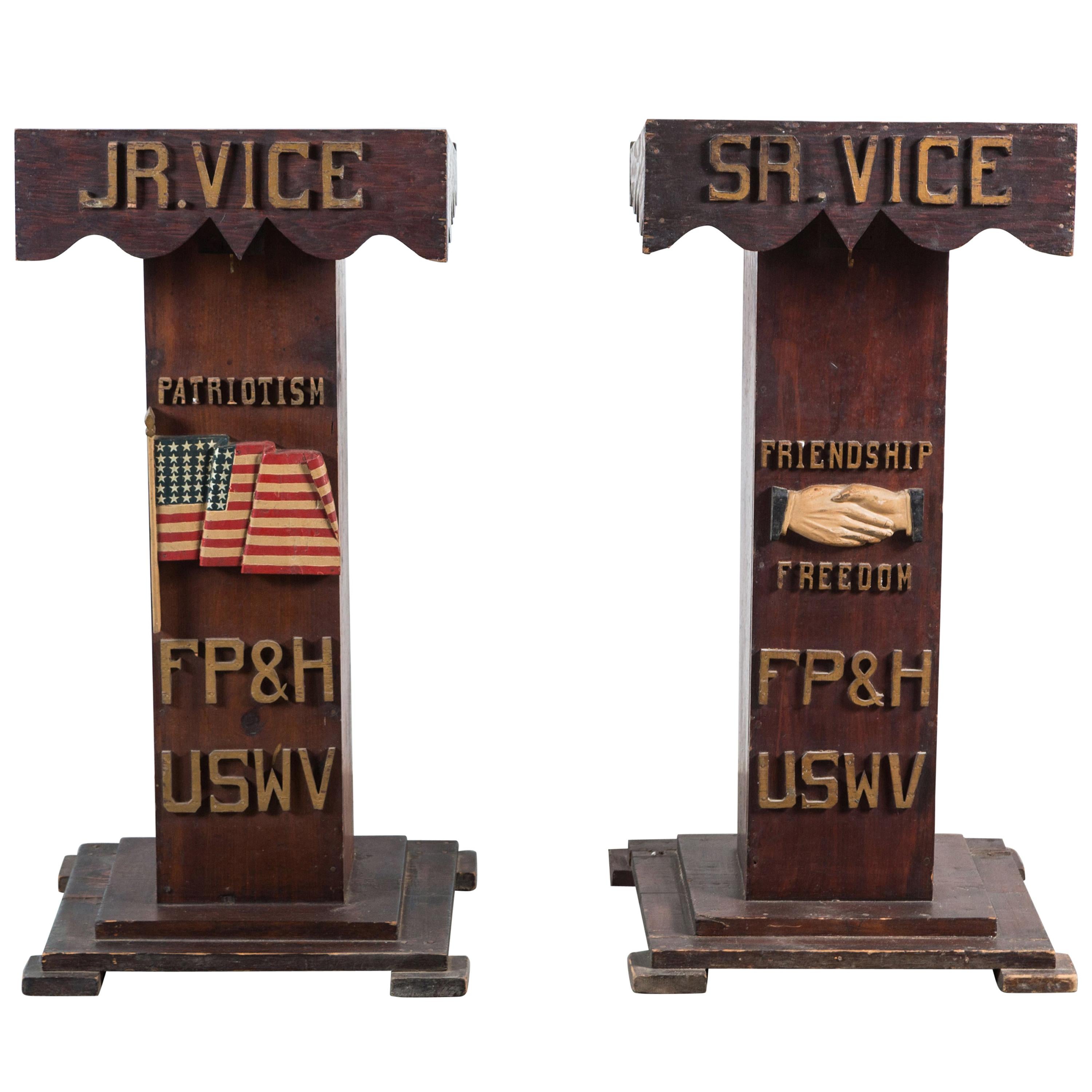 Carved USWV Lodge Pedestal Podiums Folk Art American Flag and Clasped Hands For Sale