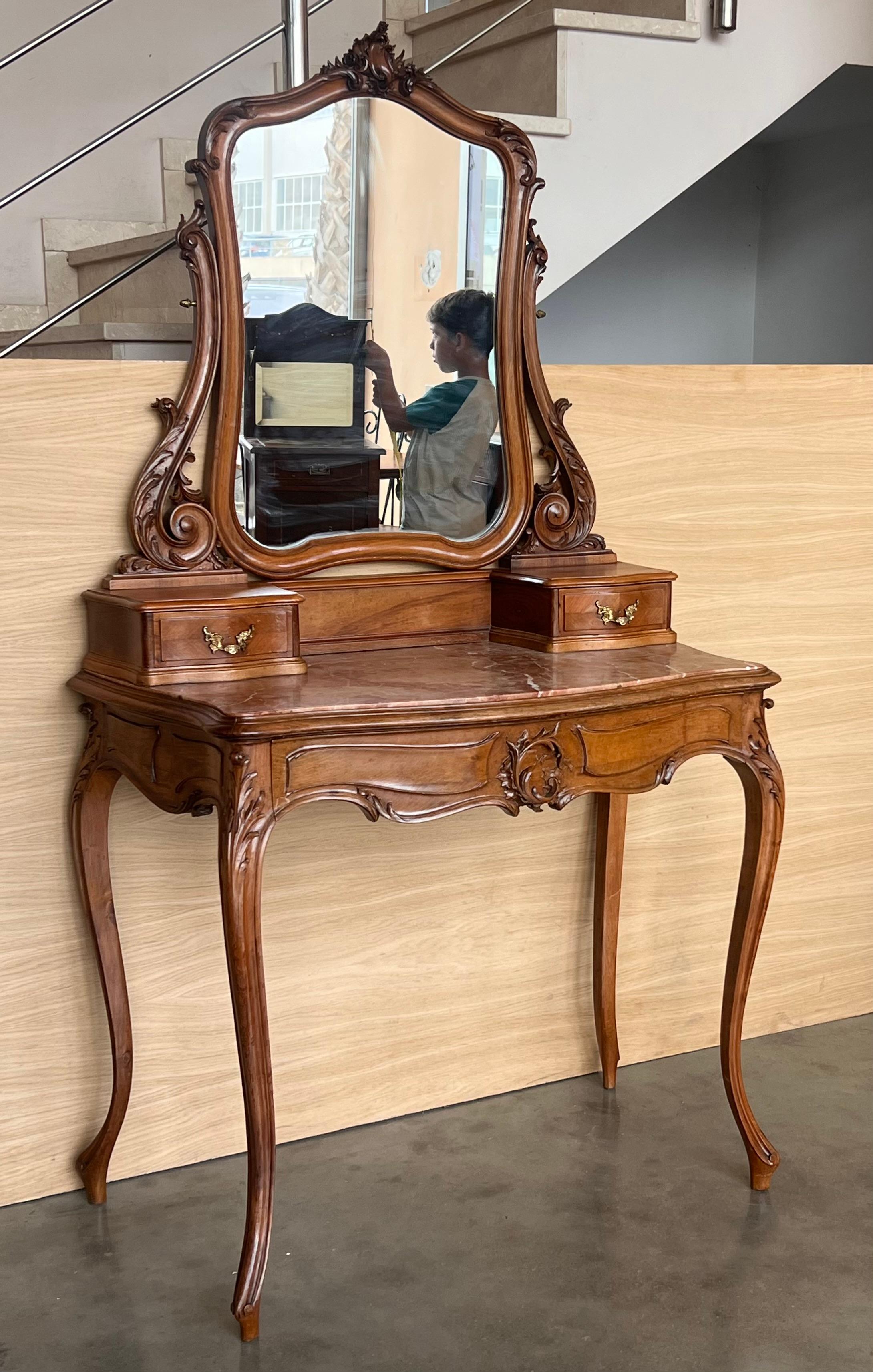 French Carved Victorian Mahogany Vanity or Dresser Table with Attached Mirror