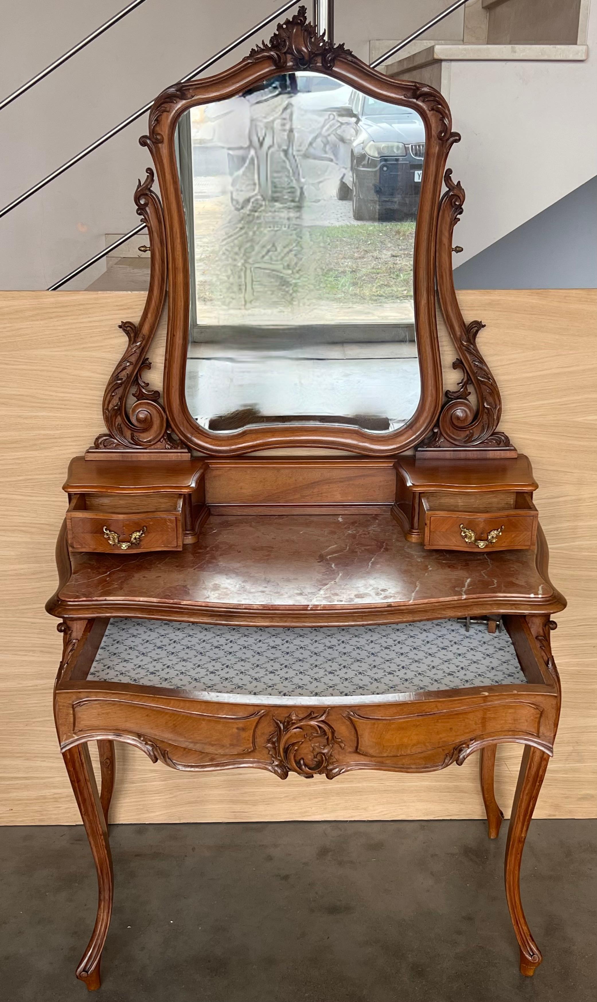 19th Century Carved Victorian Mahogany Vanity or Dresser Table with Attached Mirror