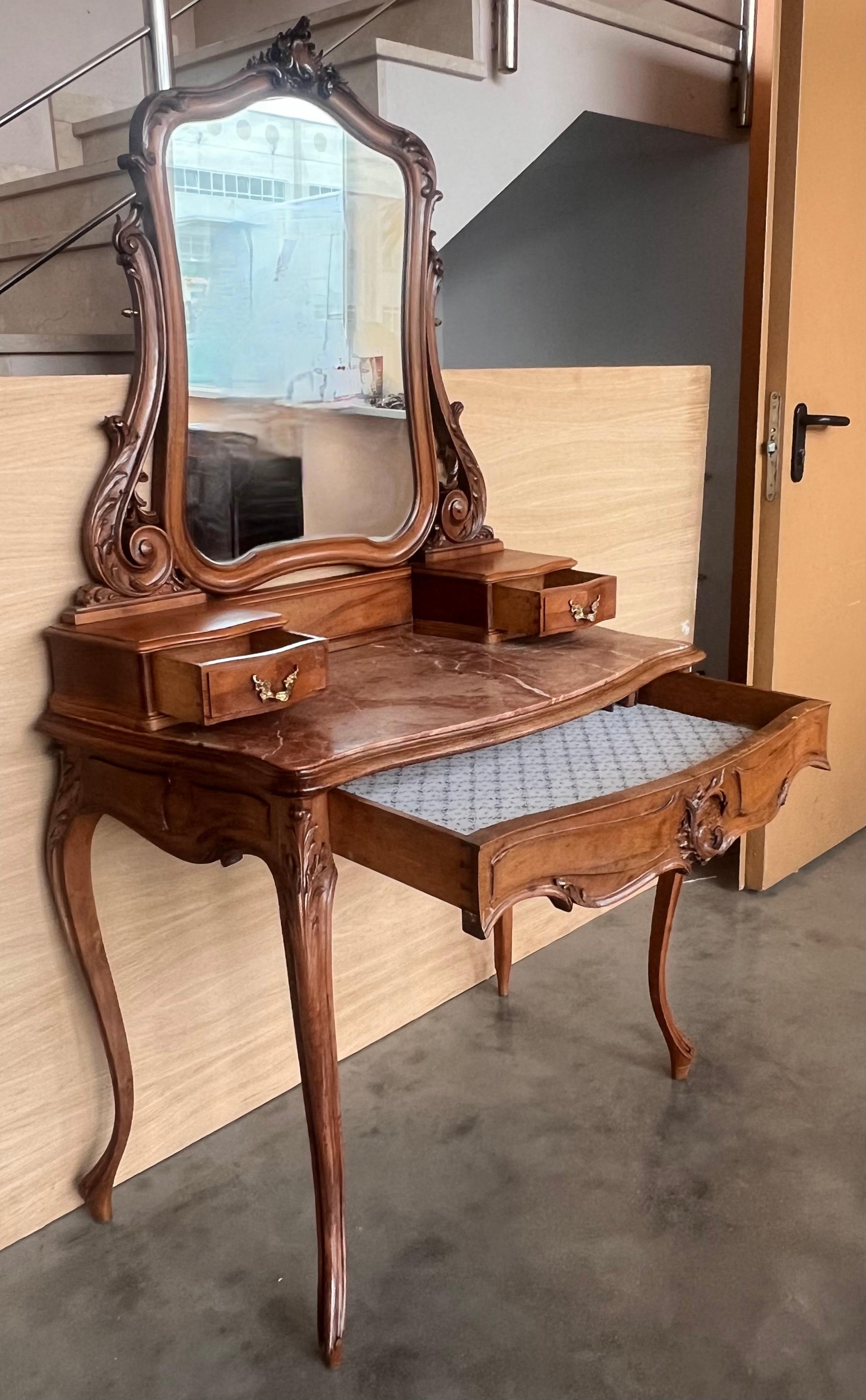 Carved Victorian Mahogany Vanity or Dresser Table with Attached Mirror 1