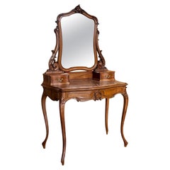Carved Victorian Mahogany Vanity or Dresser Table with Attached Mirror