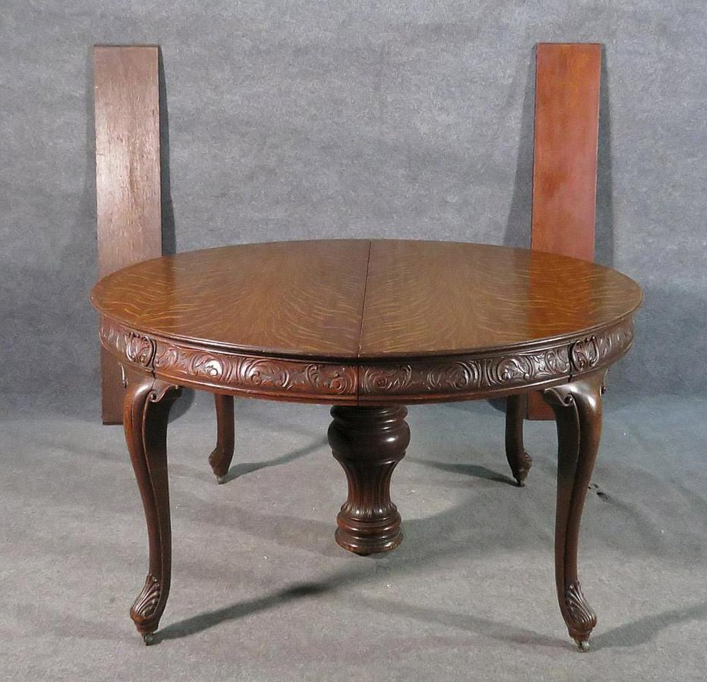 Carved Victorian Round Quarter Sawn Tiger Oak Dining Table, C1890 2