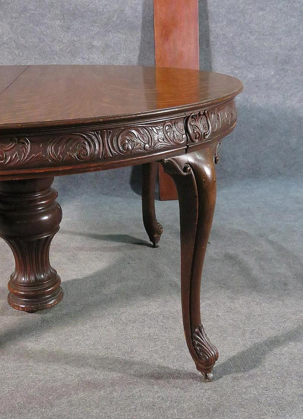 Late Victorian Carved Victorian Round Quarter Sawn Tiger Oak Dining Table, C1890