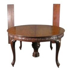 Antique Carved Victorian Round Quarter Sawn Tiger Oak Dining Table, C1890