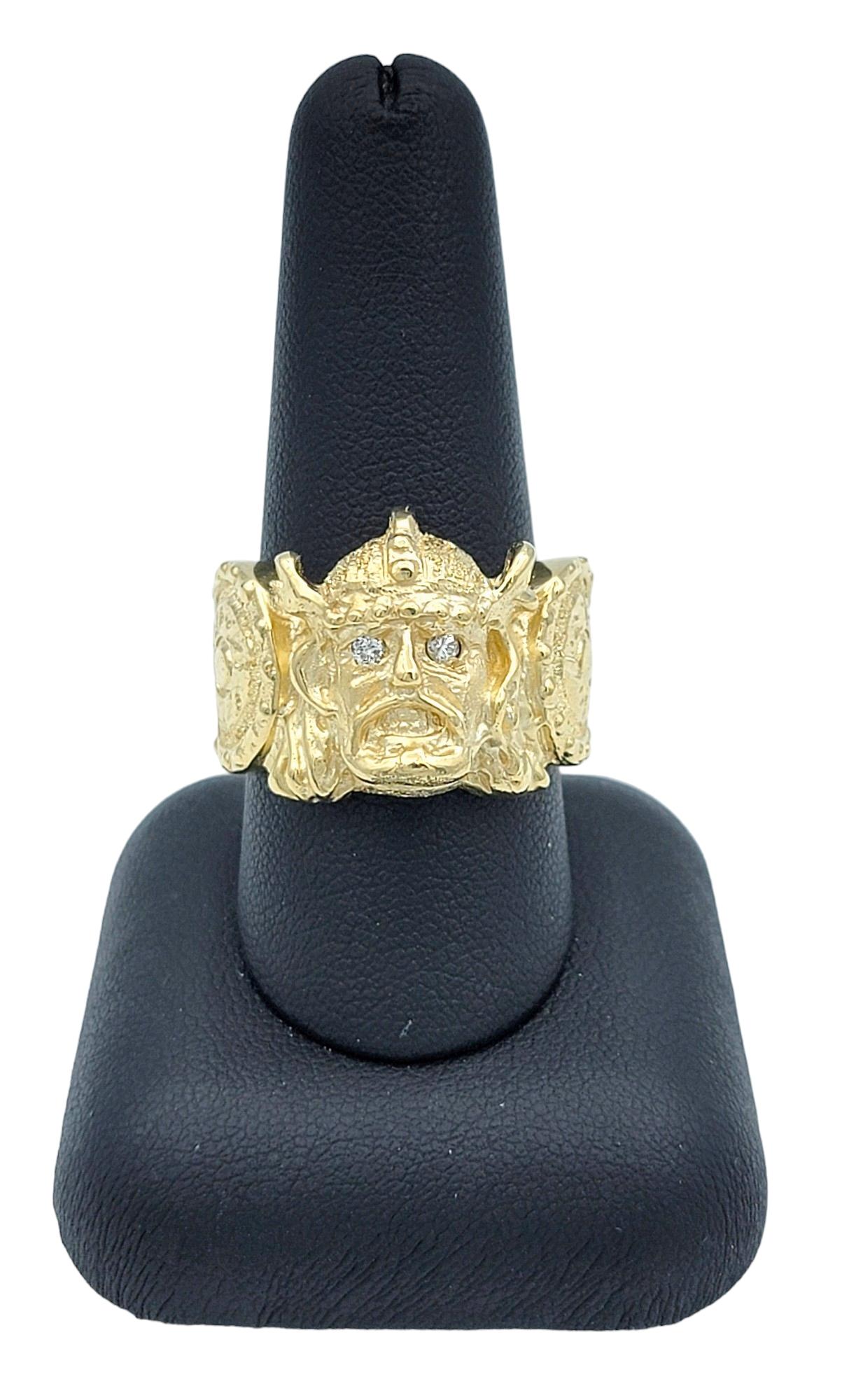 Carved Viking and Shield Band Ring with Diamond Eyes Set in 14 Karat Yellow Gold For Sale 4