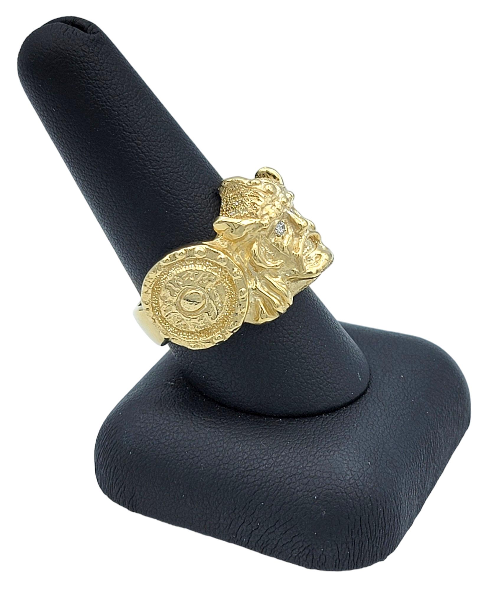 Carved Viking and Shield Band Ring with Diamond Eyes Set in 14 Karat Yellow Gold For Sale 5