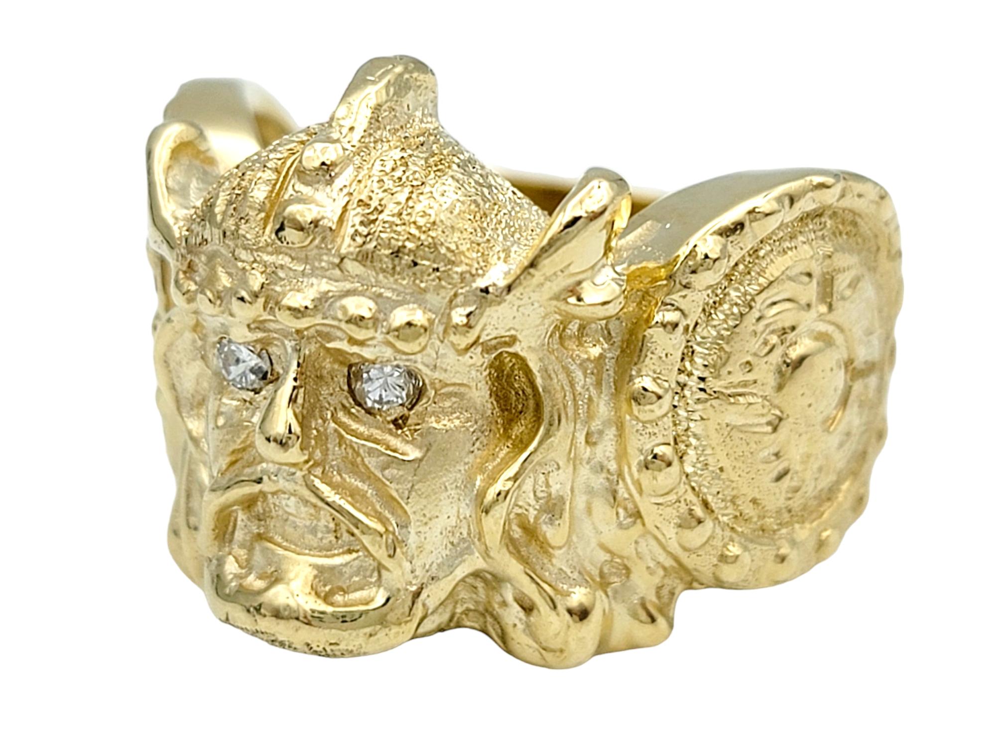 Contemporary Carved Viking and Shield Band Ring with Diamond Eyes Set in 14 Karat Yellow Gold For Sale