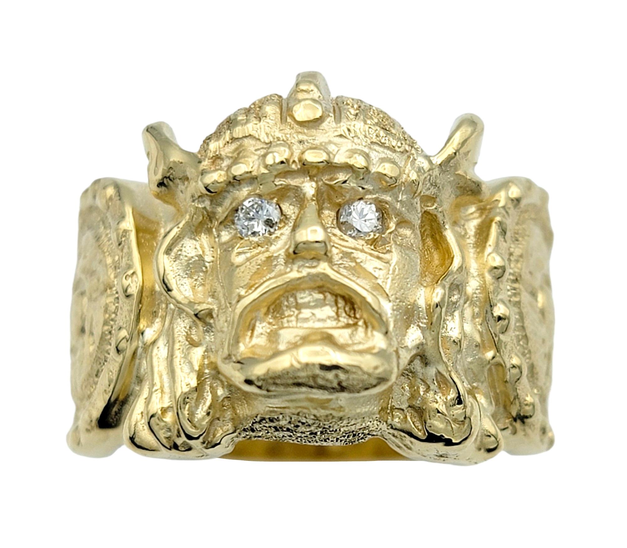 Round Cut Carved Viking and Shield Band Ring with Diamond Eyes Set in 14 Karat Yellow Gold For Sale