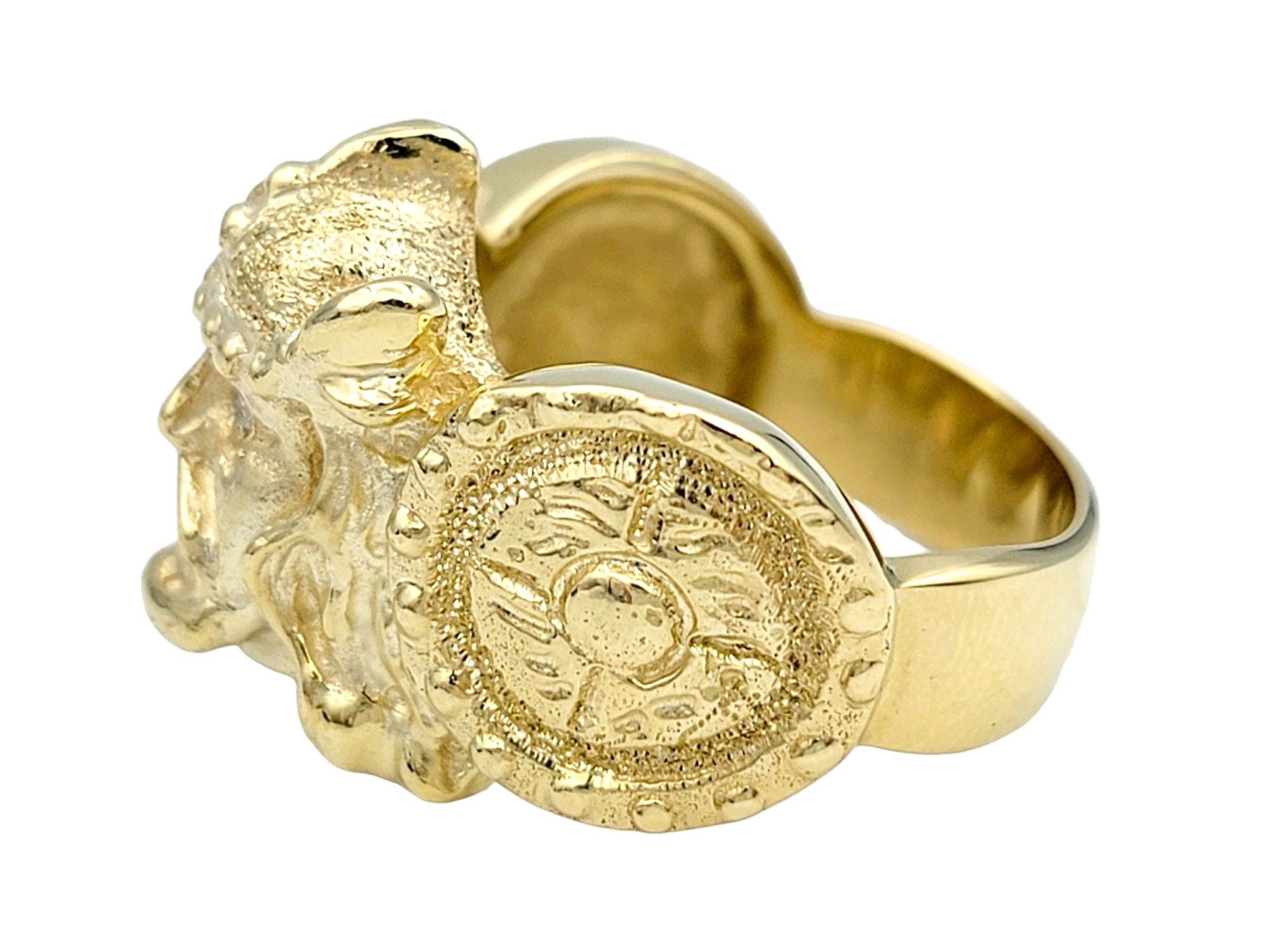 Women's or Men's Carved Viking and Shield Band Ring with Diamond Eyes Set in 14 Karat Yellow Gold For Sale