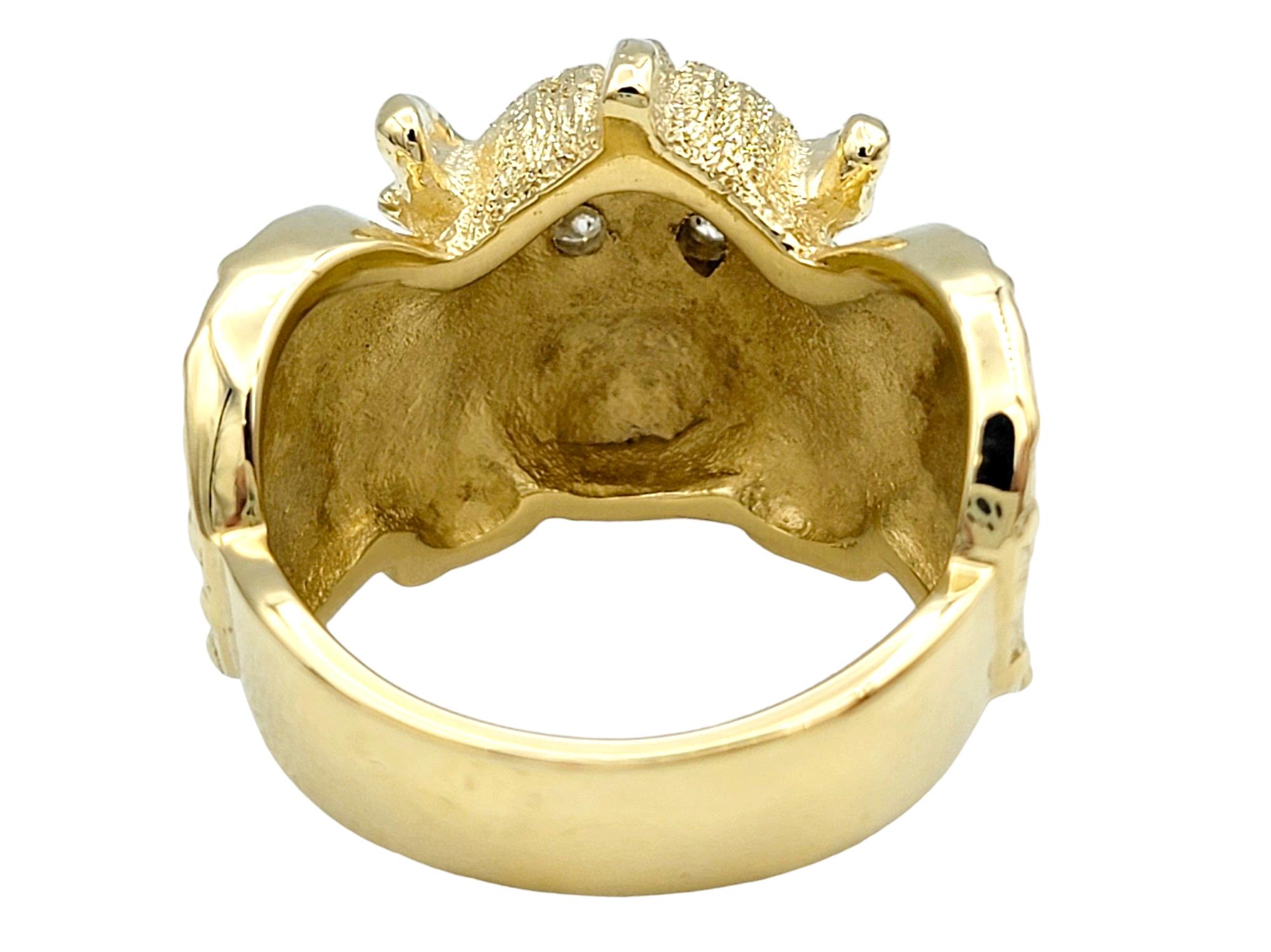 Carved Viking and Shield Band Ring with Diamond Eyes Set in 14 Karat Yellow Gold For Sale 1