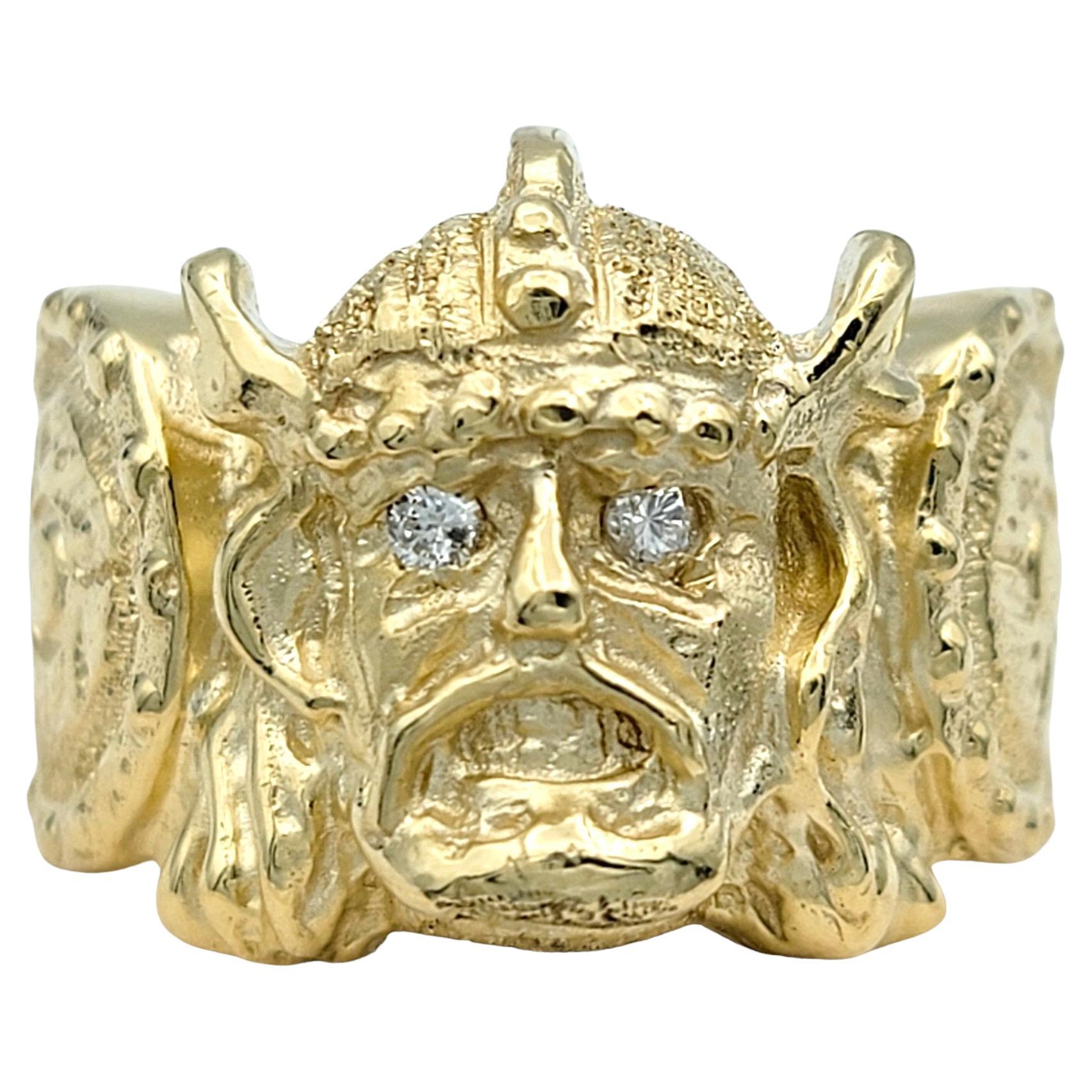 Carved Viking and Shield Band Ring with Diamond Eyes Set in 14 Karat Yellow Gold For Sale