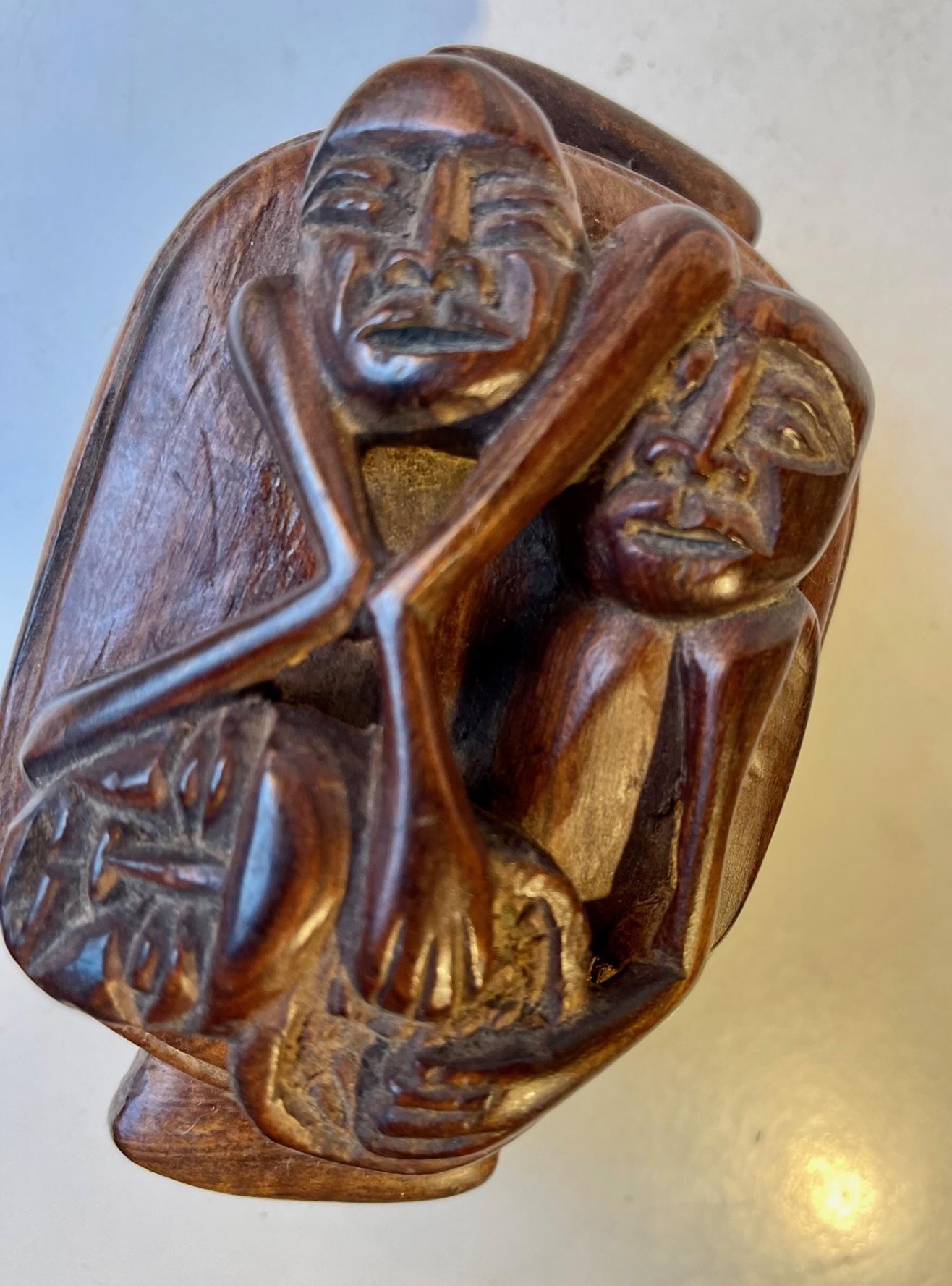 Folk Art Carved Vintage Canister with Cannibals, Brain Eaters