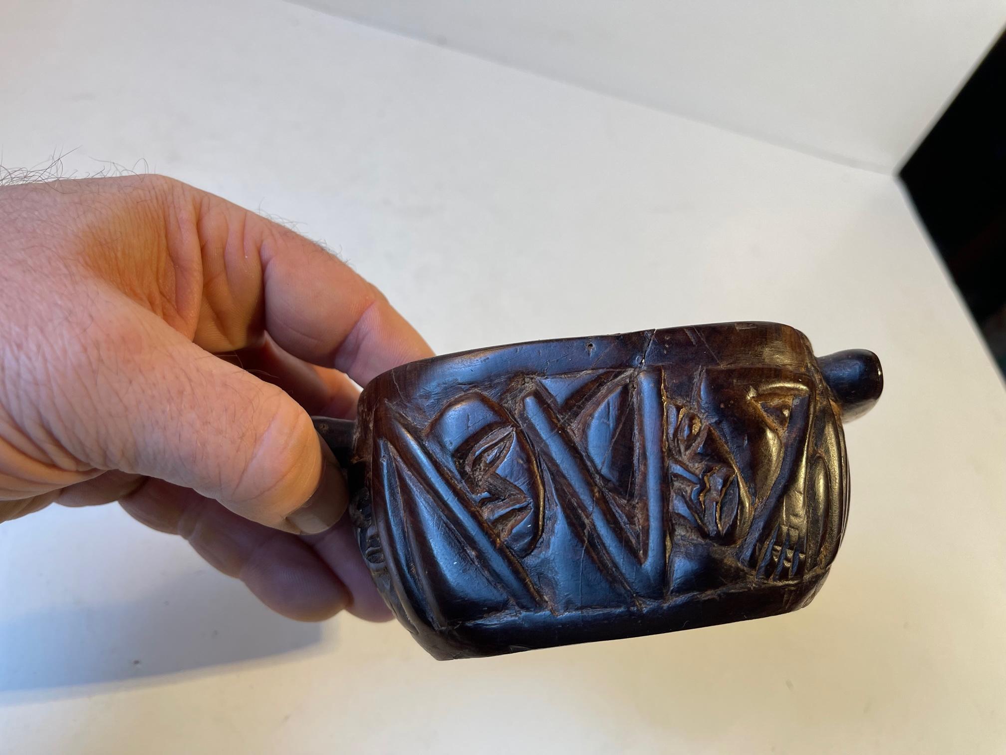 Hand-Carved Carved Vintage Canister with Cannibals, Brain Eaters
