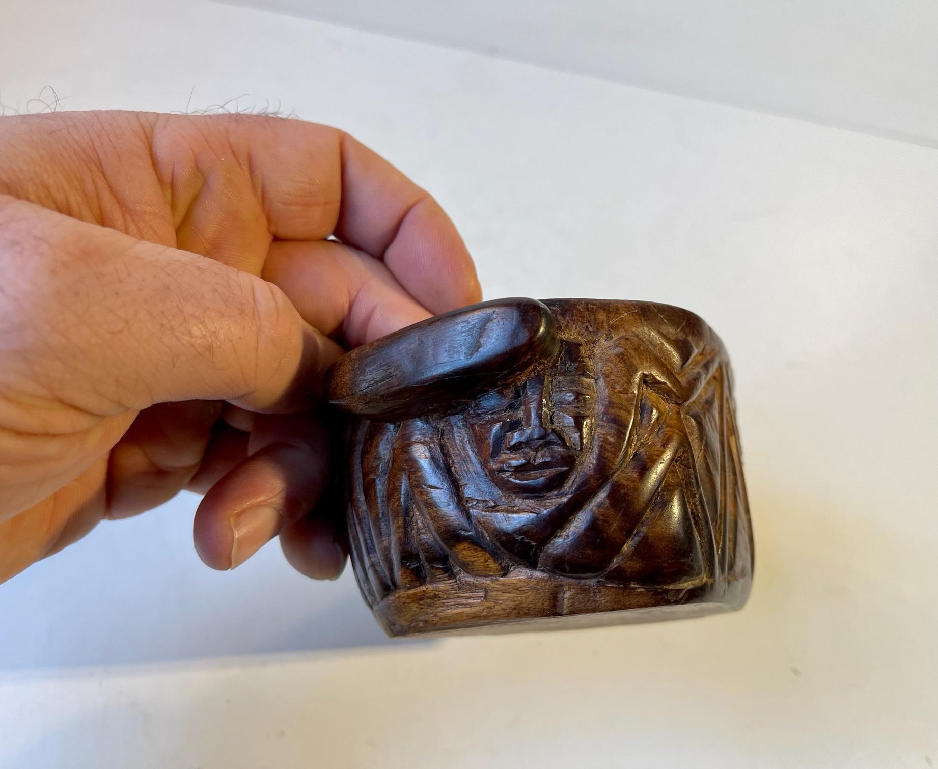 Hardwood Carved Vintage Canister with Cannibals, Brain Eaters For Sale