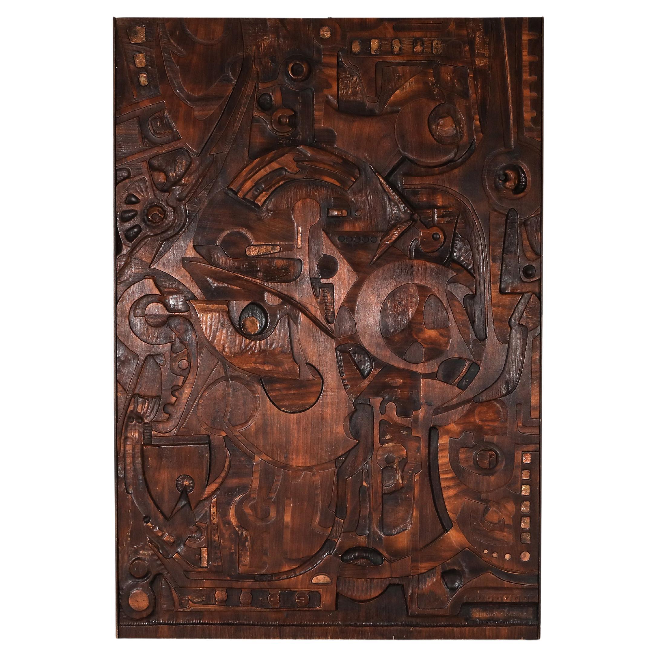 Carved wall panel, Studio Ponzio for Gruppo 4, 1931, constructivism. Masterpiece hand-carved panel from Italian pine multiplex. The artist group called this social art as it wanted to emphasize the new Industrial material which was multiplex. The