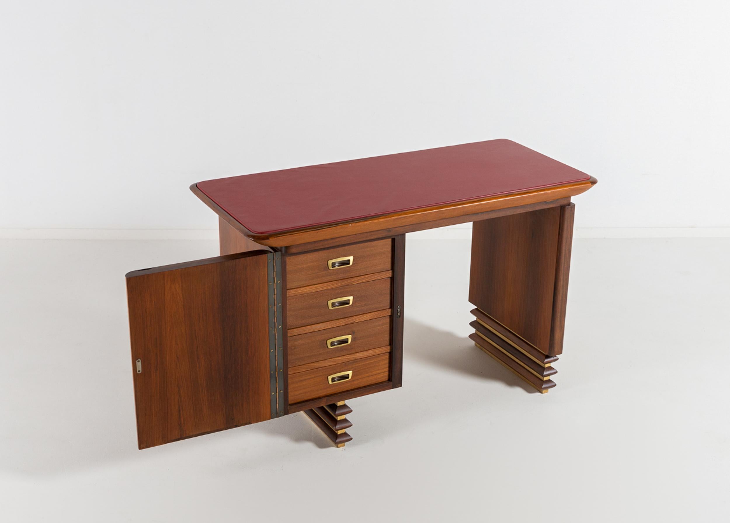 Brass Carved Walnut and Rosewood Desk with Matching Chair, Italy, 1960 For Sale