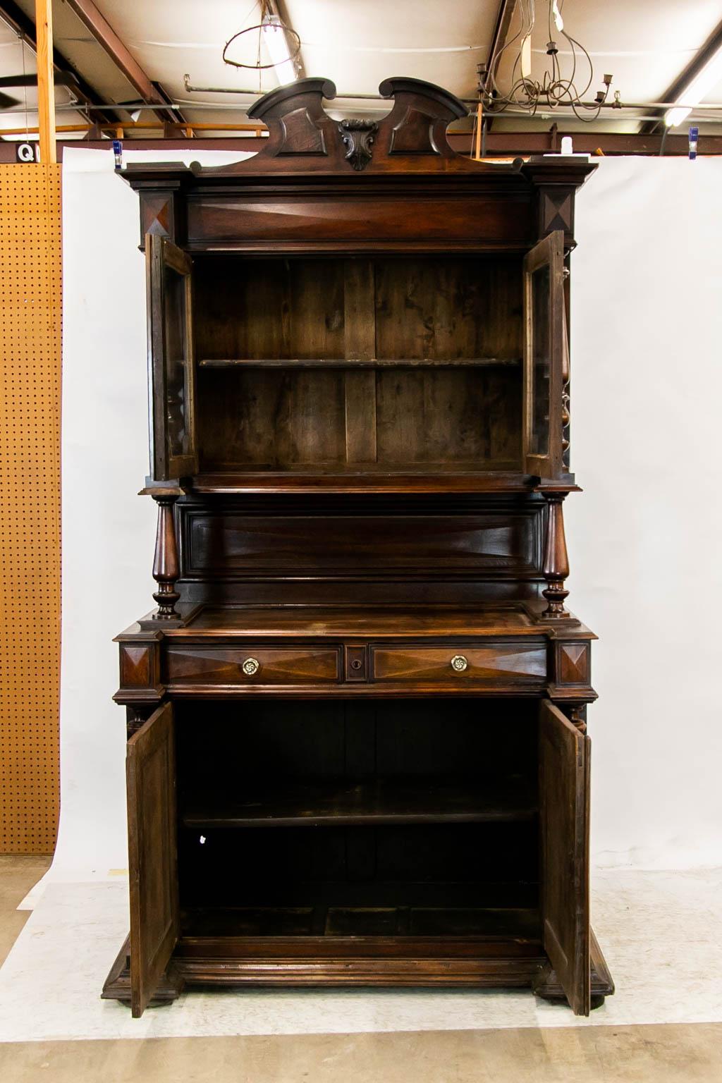 Brass Carved Walnut Bar Cupboard For Sale