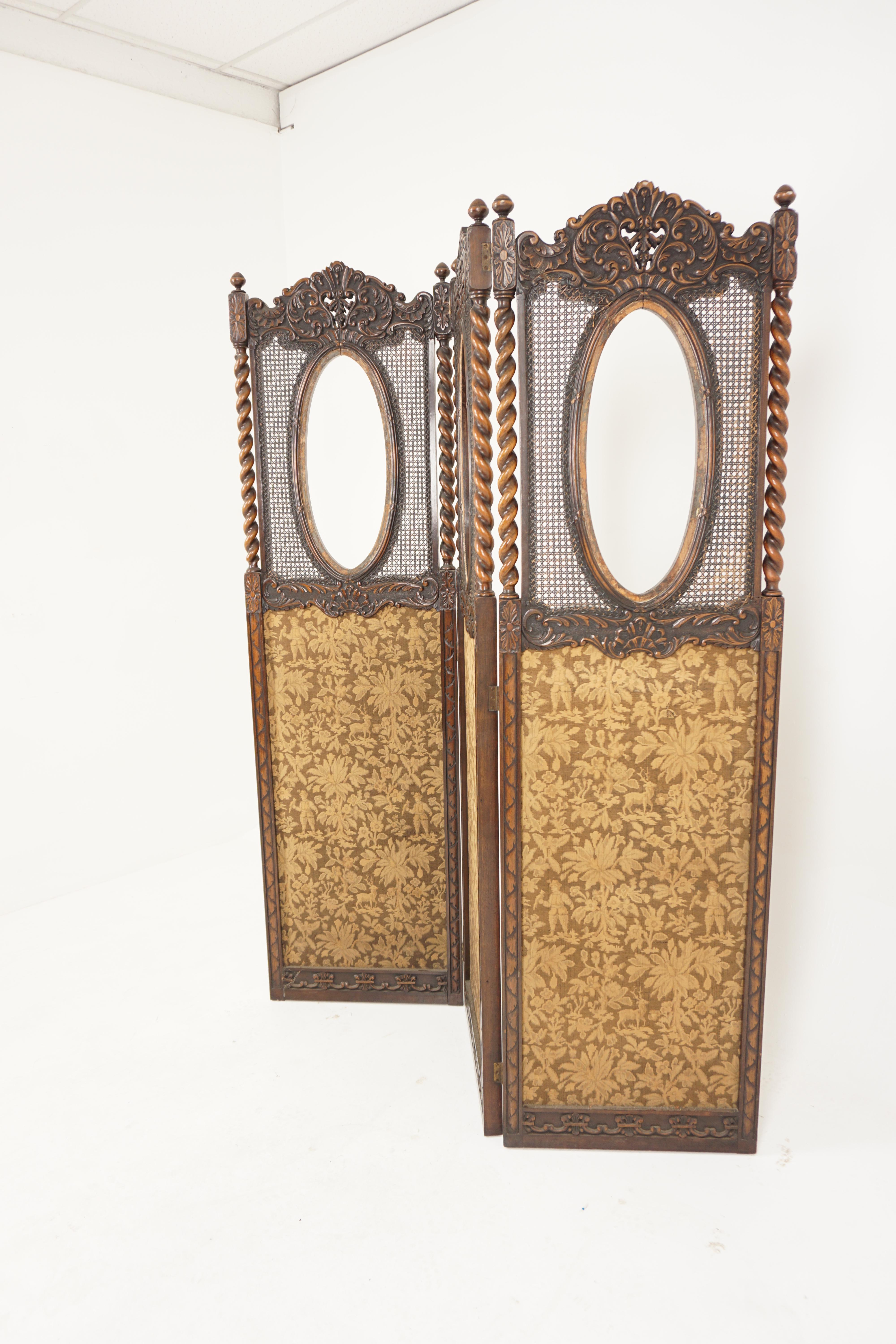 Antique carved walnut barley twist 3 fold panel screen room divider, Scotland, 1900, H604

Scotland 1900
Solid Walnut
Original Finish
Carved top rail with barley twist supports and finials to top
Oval open frame with a bergere carved