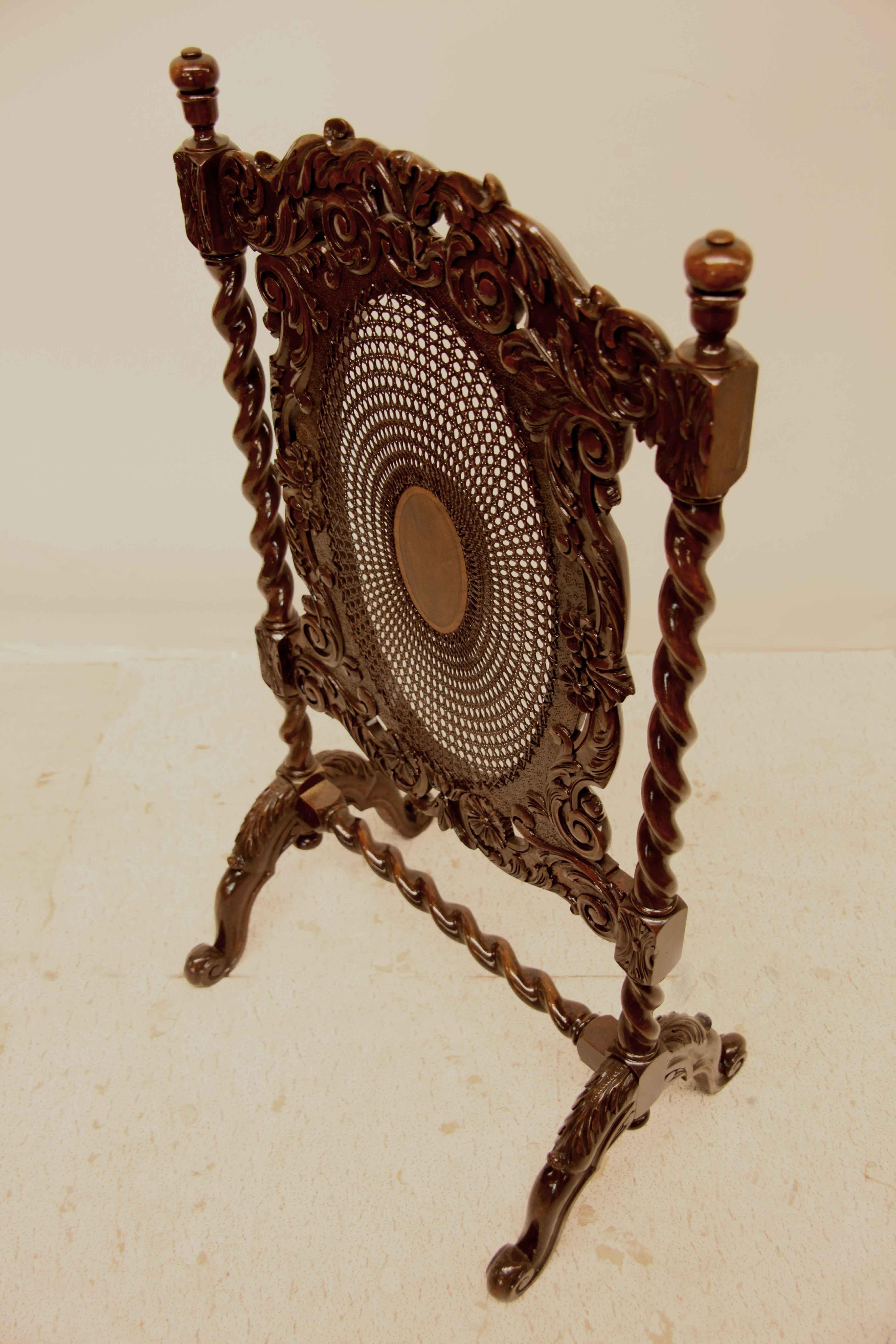 Carved Walnut Barley Twist and Cane Firescreen For Sale 6