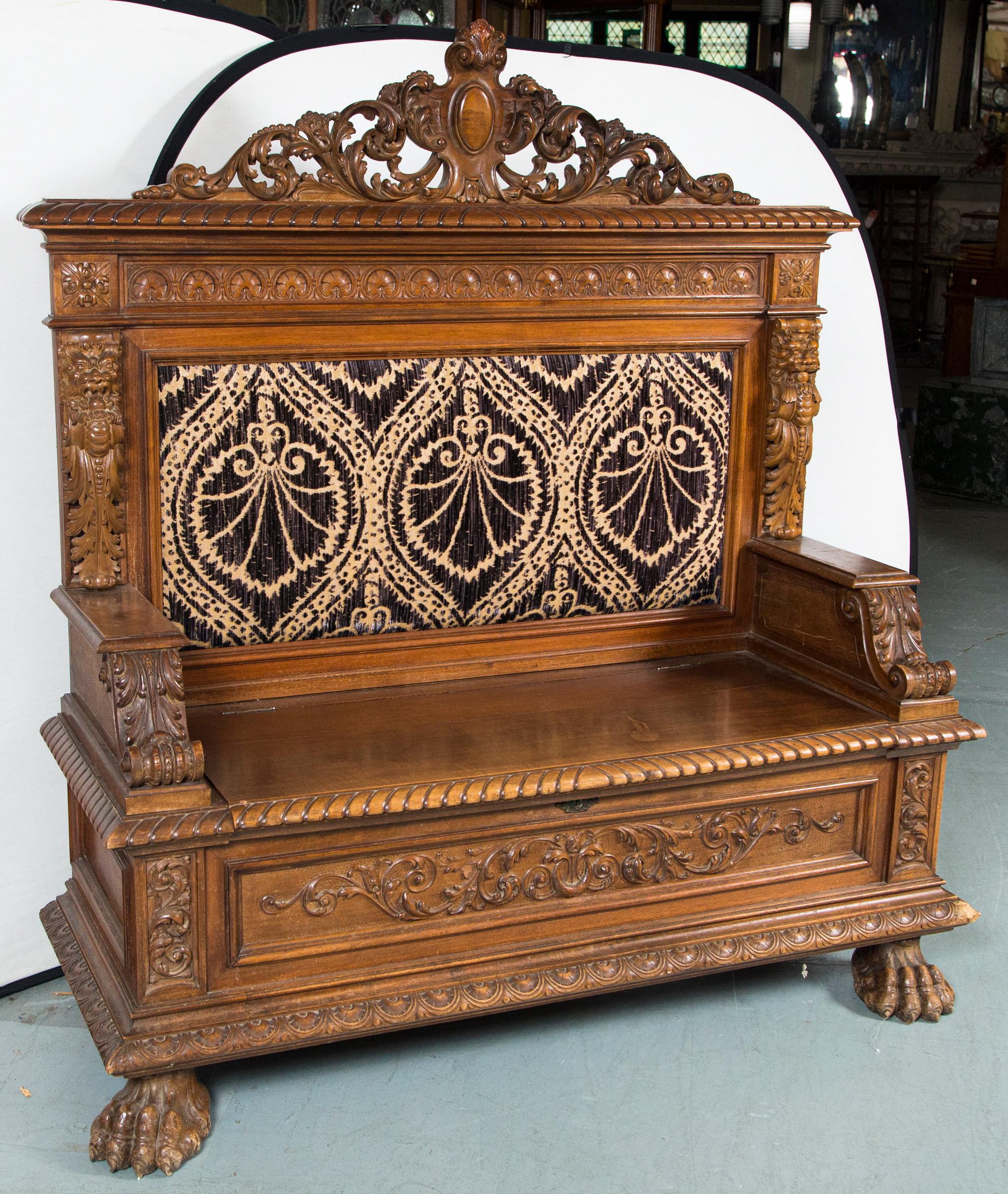 Carved 19th c  Walnut Bench with carved lions  In Good Condition In Stamford, CT