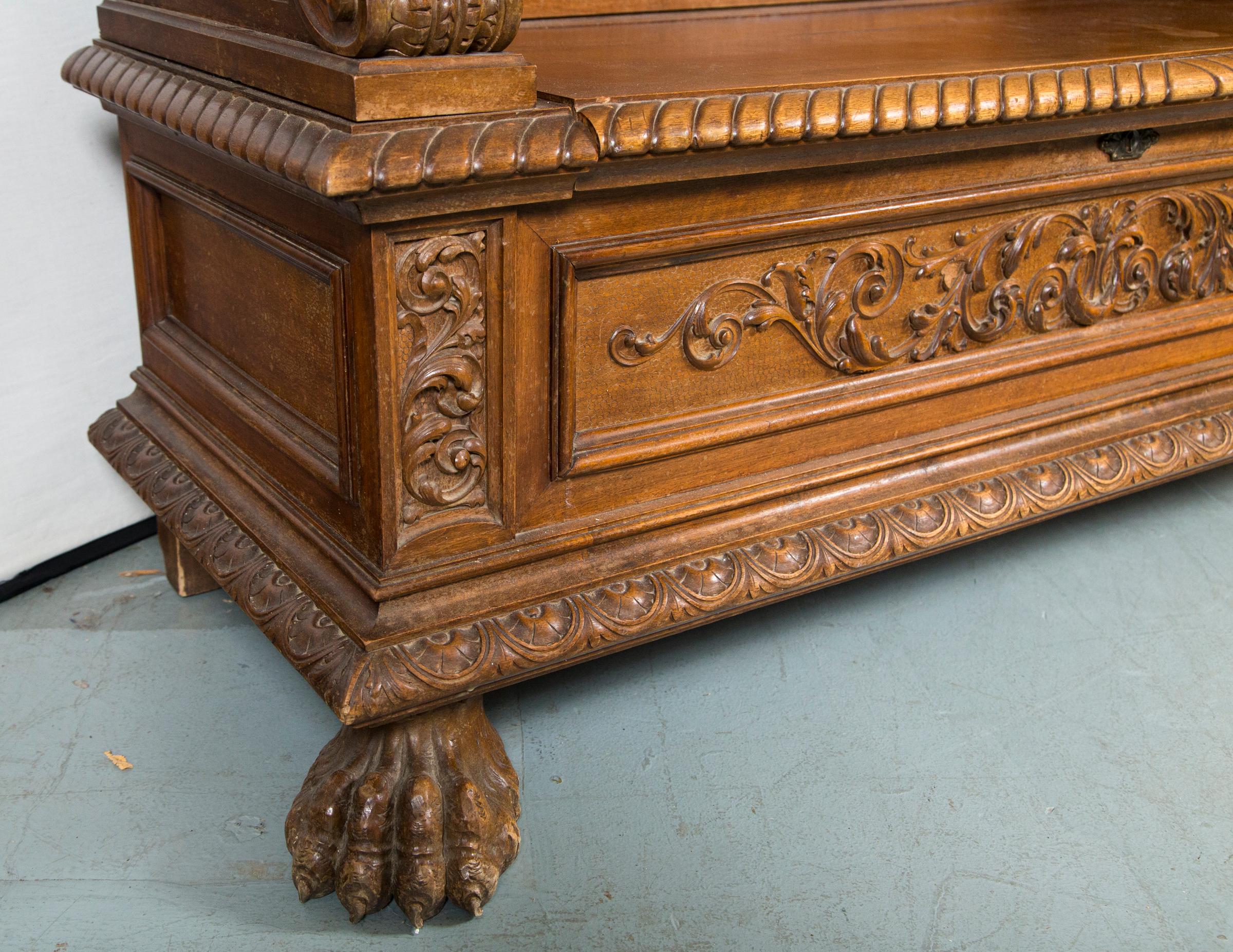 Carved 19th c  Walnut Bench with carved lions  2