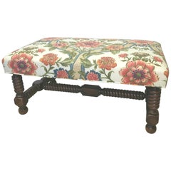 Carved Walnut Bench Upholstered in Brunschwig & Fils