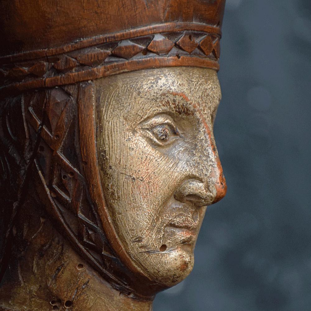 Carved walnut bishops bust, circa 1820
We are proud to offer a highly decorative and exquisite high-quality hand carved walnut bust depicting a bishop figure. The worn surface across the face gives a wonderful macabre look with a sense of ghostly