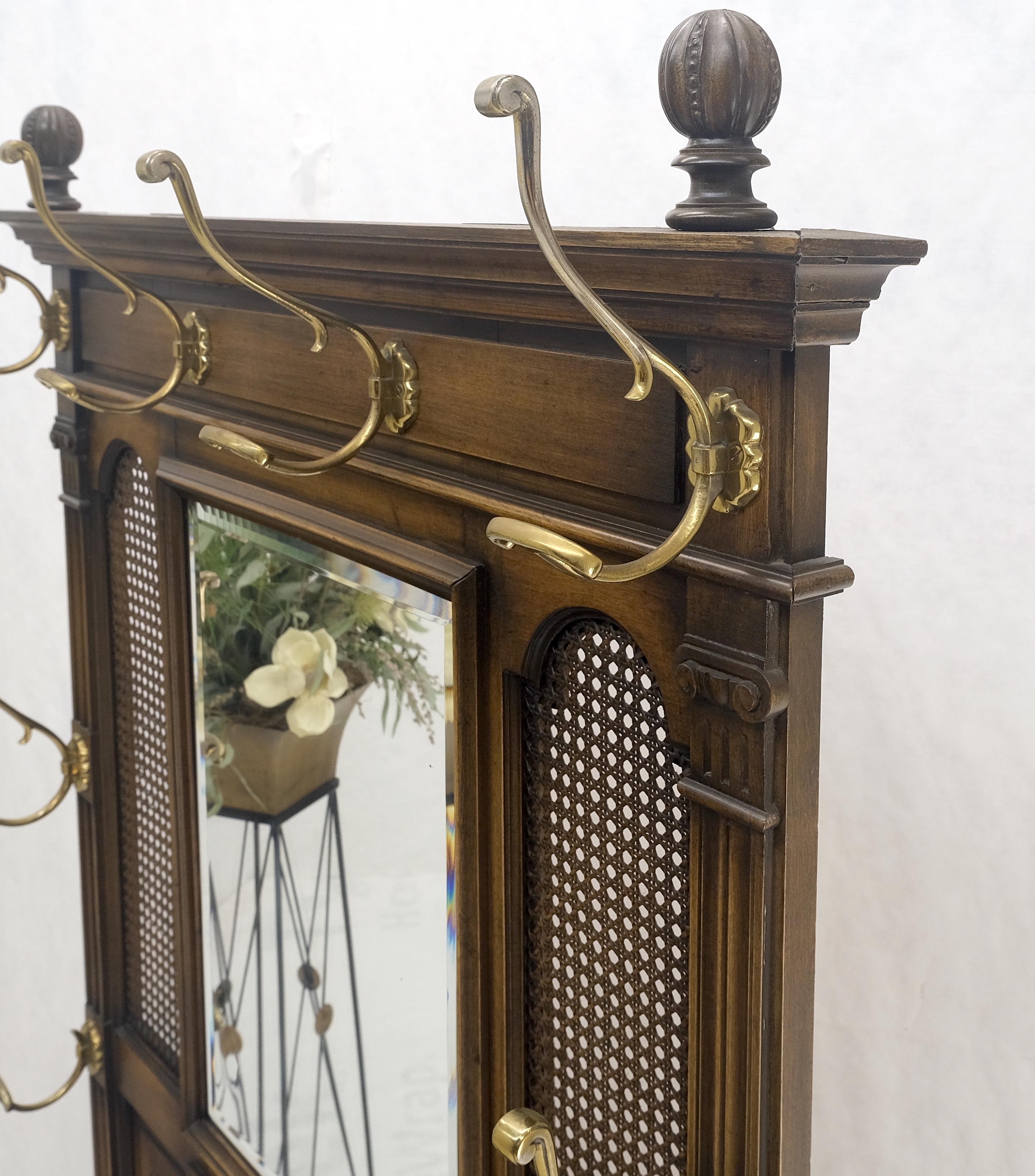 Carved Walnut Brass Cane Mirror Brass Hooks Coat Rack Umbrella Stand Console Table MINT!