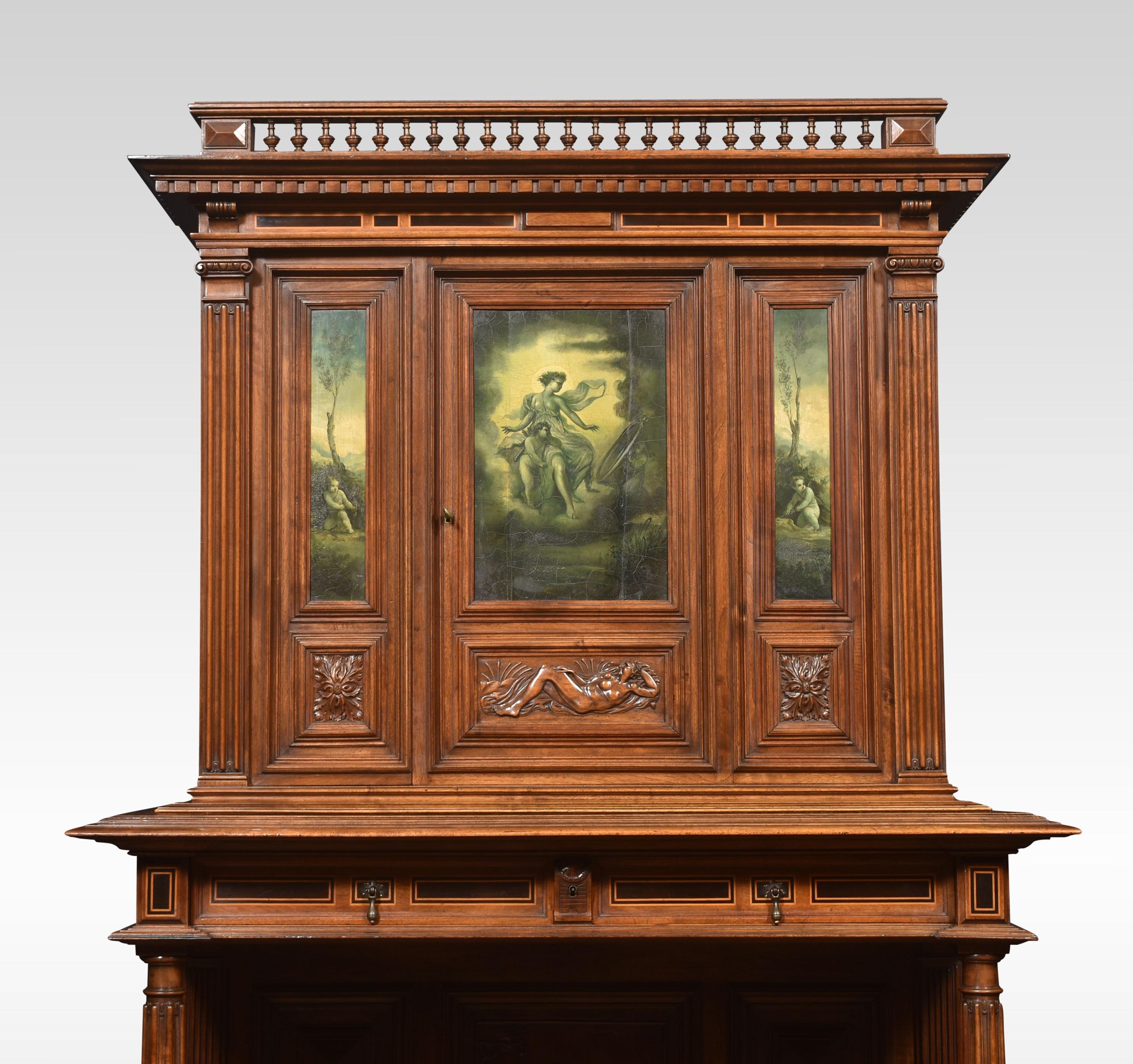 19th-century walnut cabinet on stand the raised turned gallery above three painted panels opening to reveal an adjustable shelved interior. To the freeze fitted with two short drawers with brass handles. All raised up on reeded turned supports