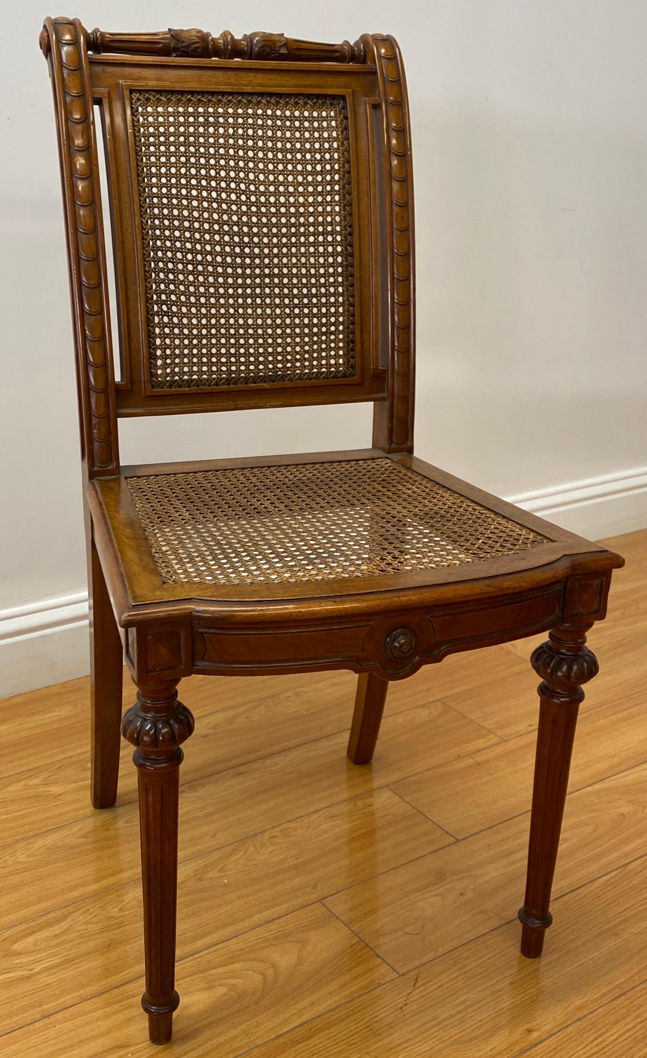 Hand-Carved Carved Walnut & Cane Side Chairs, C.1940