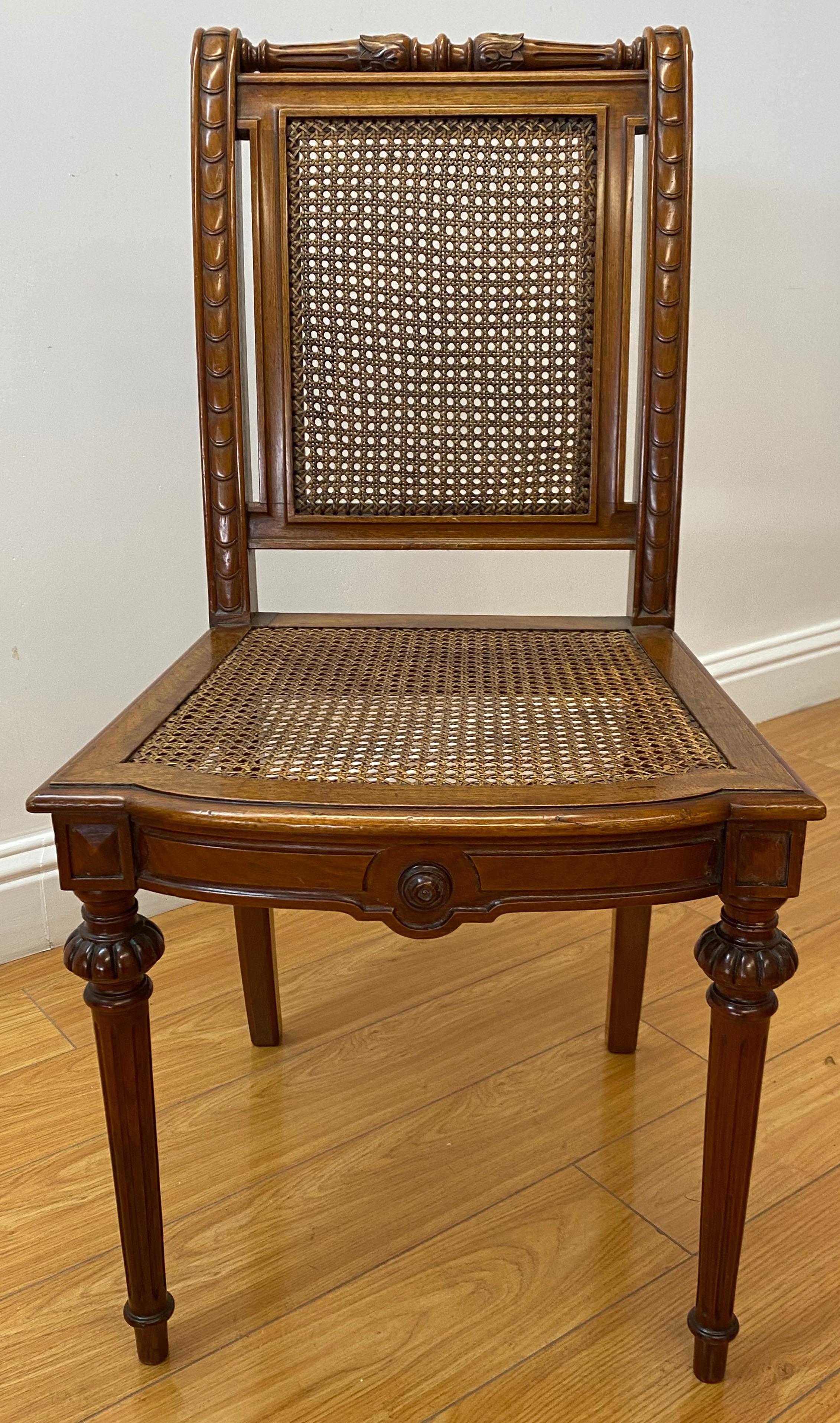 20th Century Carved Walnut & Cane Side Chairs, C.1940
