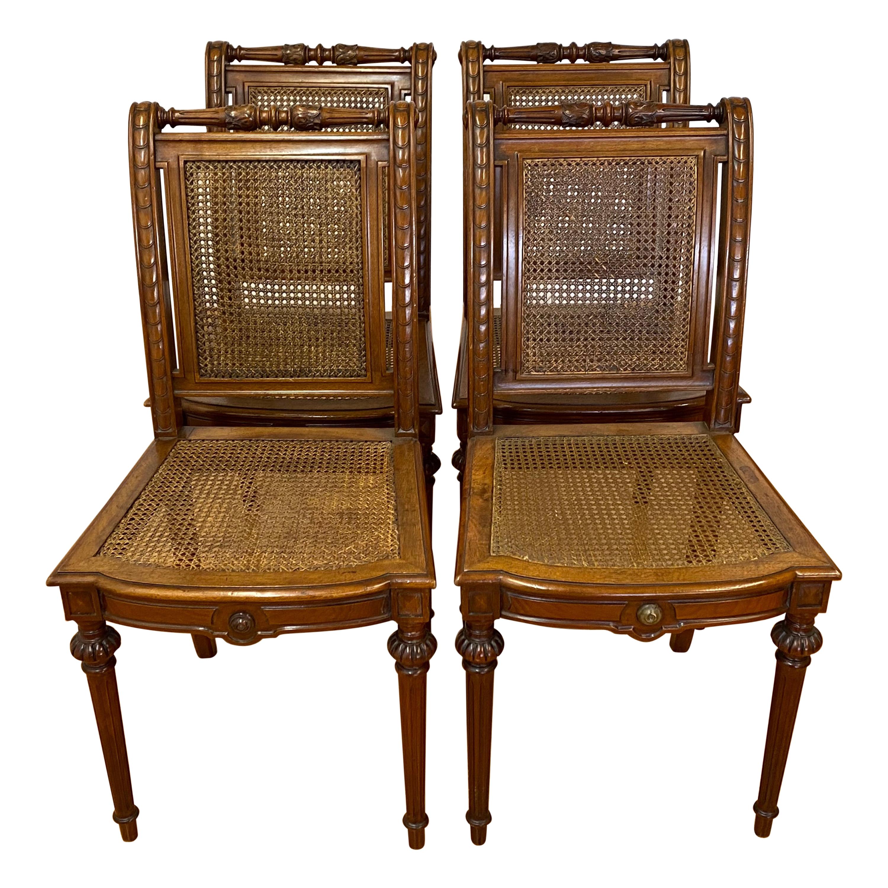 Carved Walnut & Cane Side Chairs, C.1940