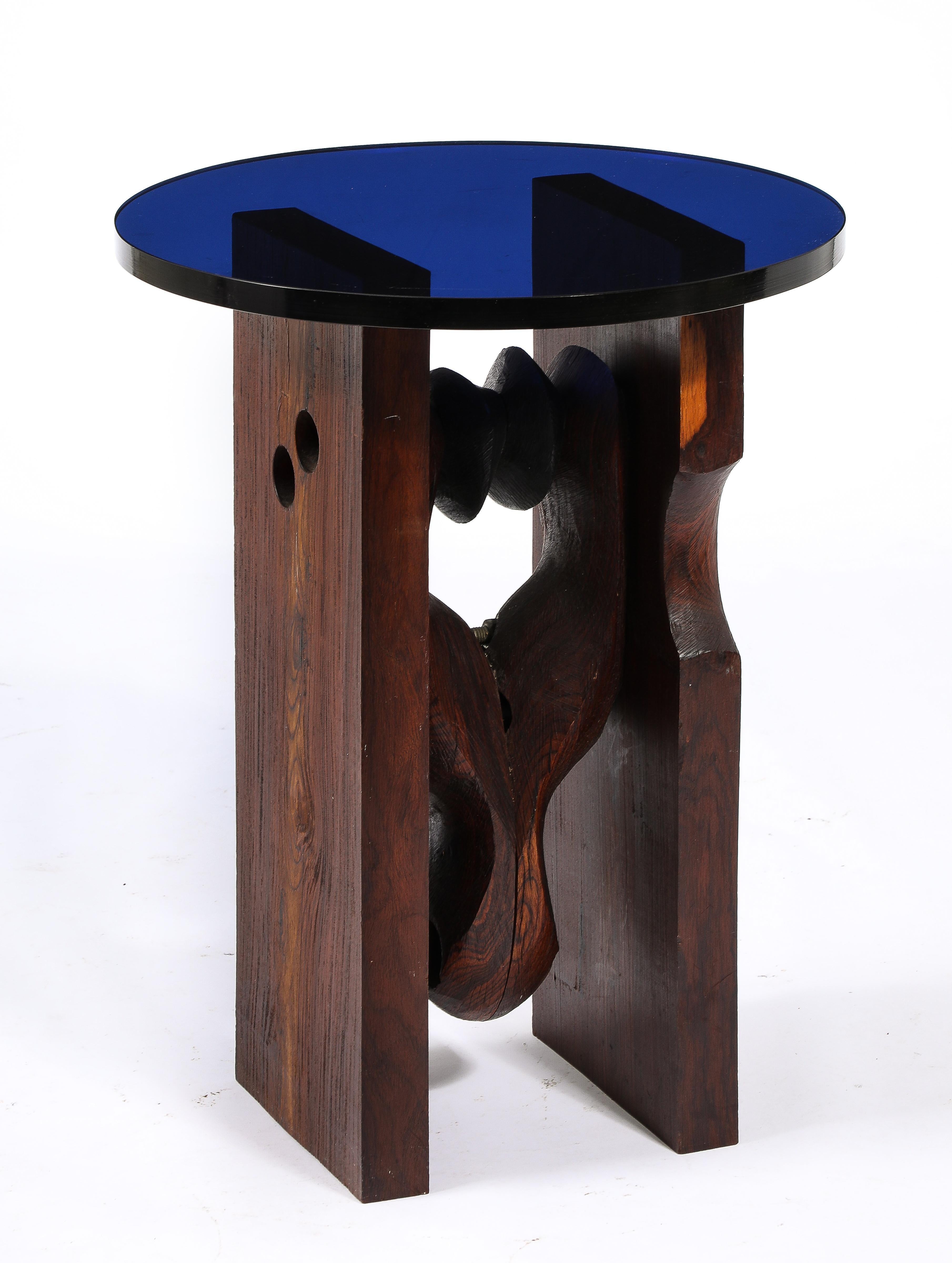 Carved Walnut & Cobalt Blue Glass Side Table, USA 1960's For Sale 2