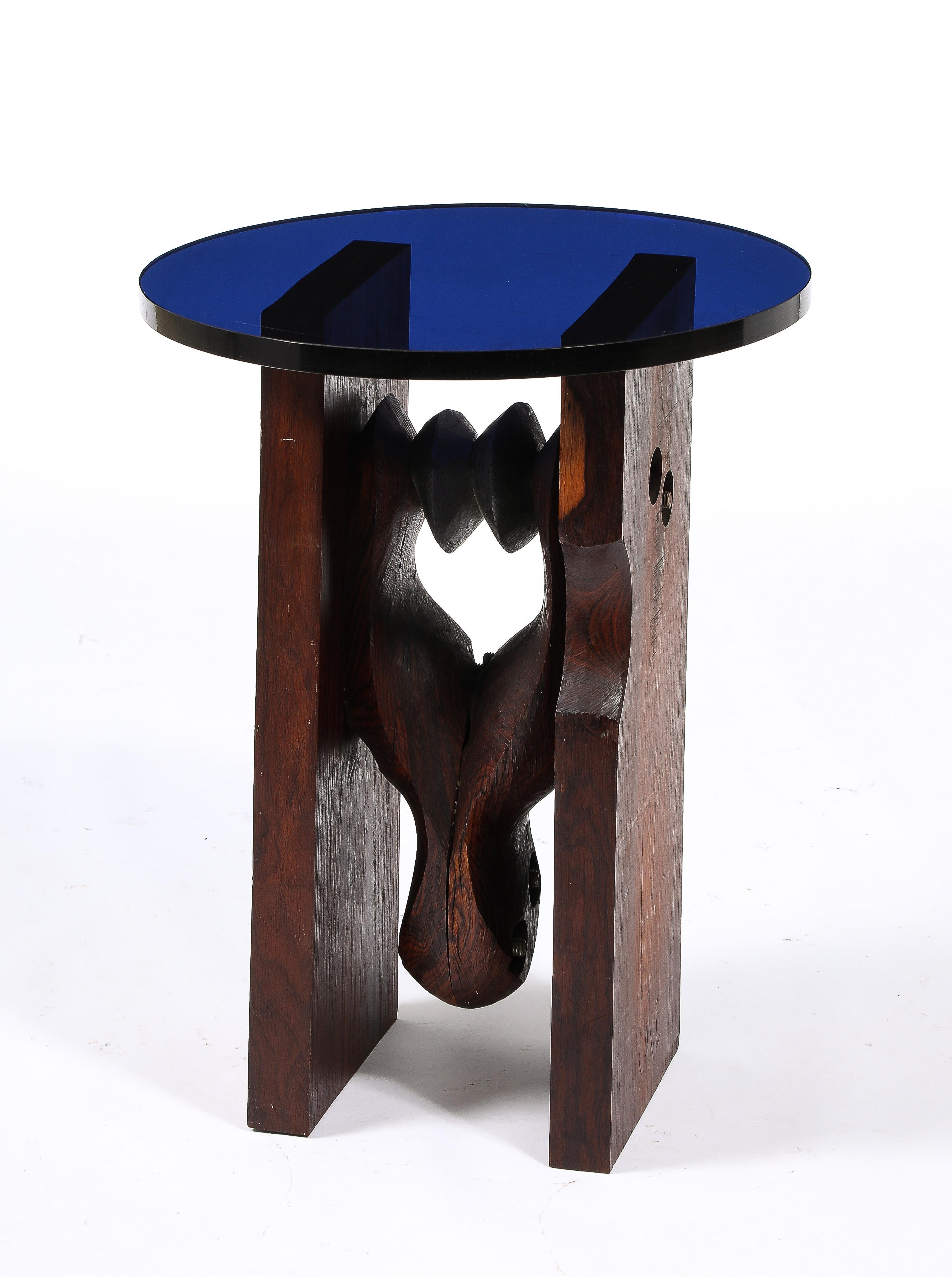 Carved Walnut & Cobalt Blue Glass Side Table, USA 1960's For Sale 3