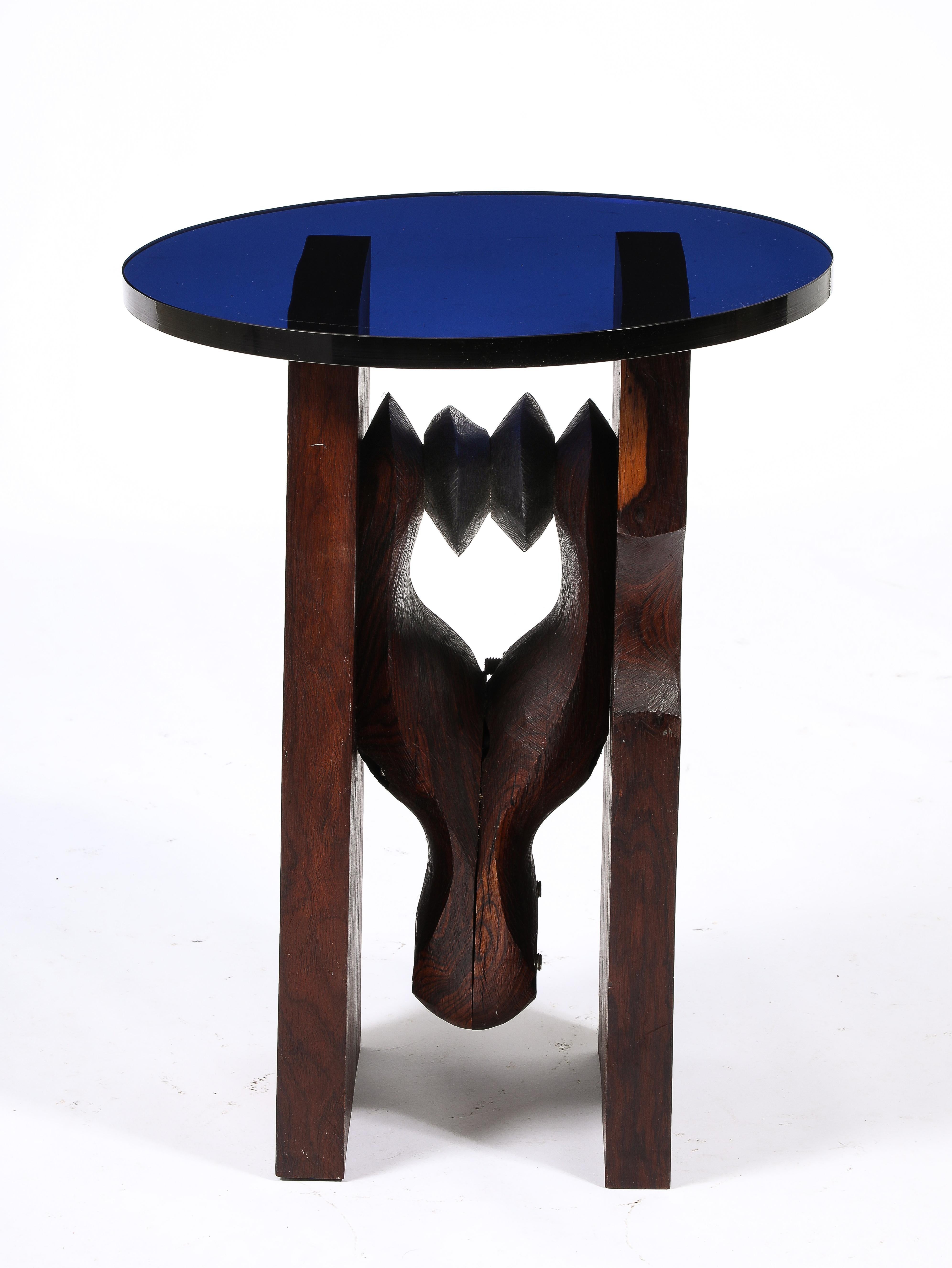 Carved Walnut & Cobalt Blue Glass Side Table, USA 1960's For Sale 4