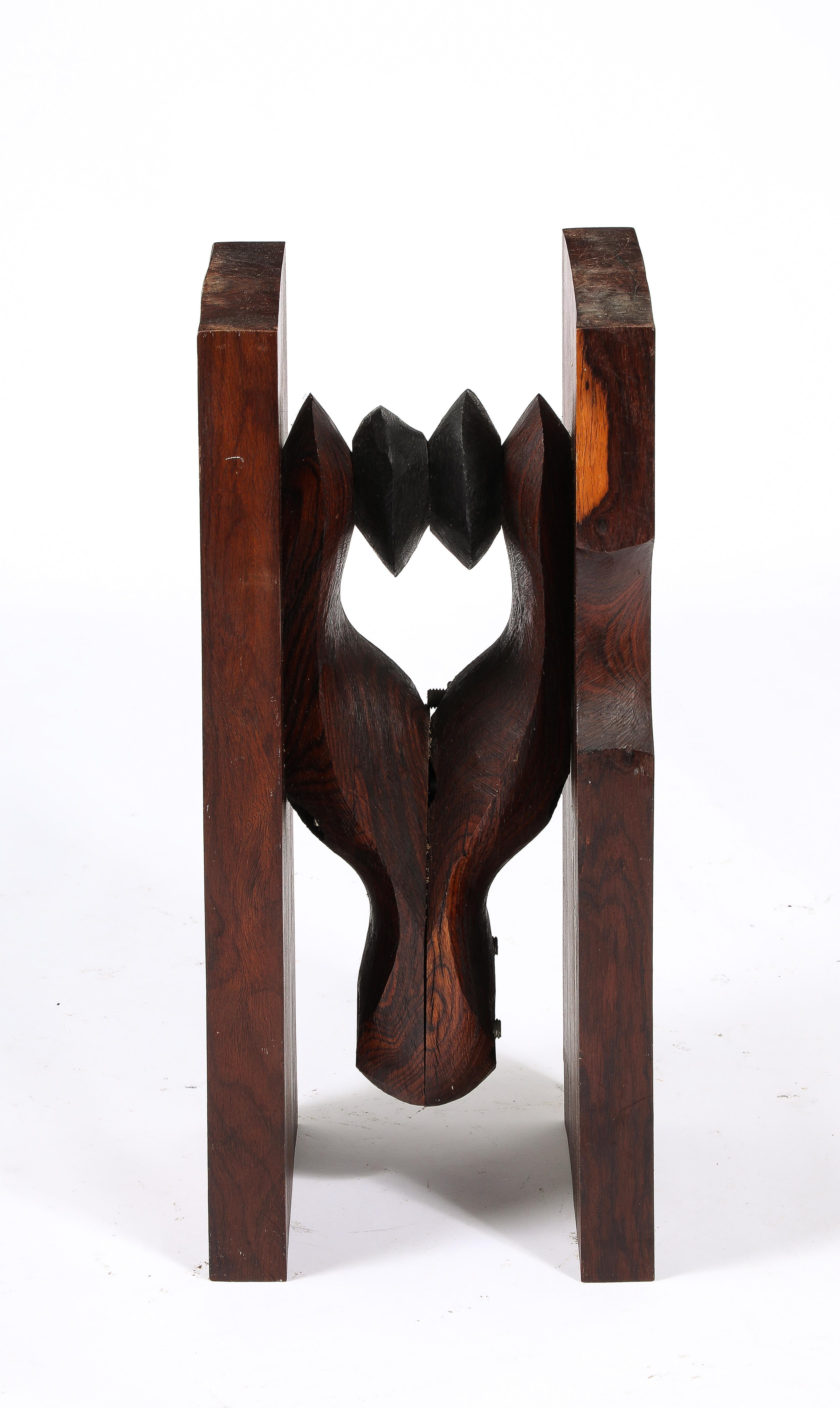 Hand-Carved Carved Walnut & Cobalt Blue Glass Side Table, USA 1960's For Sale