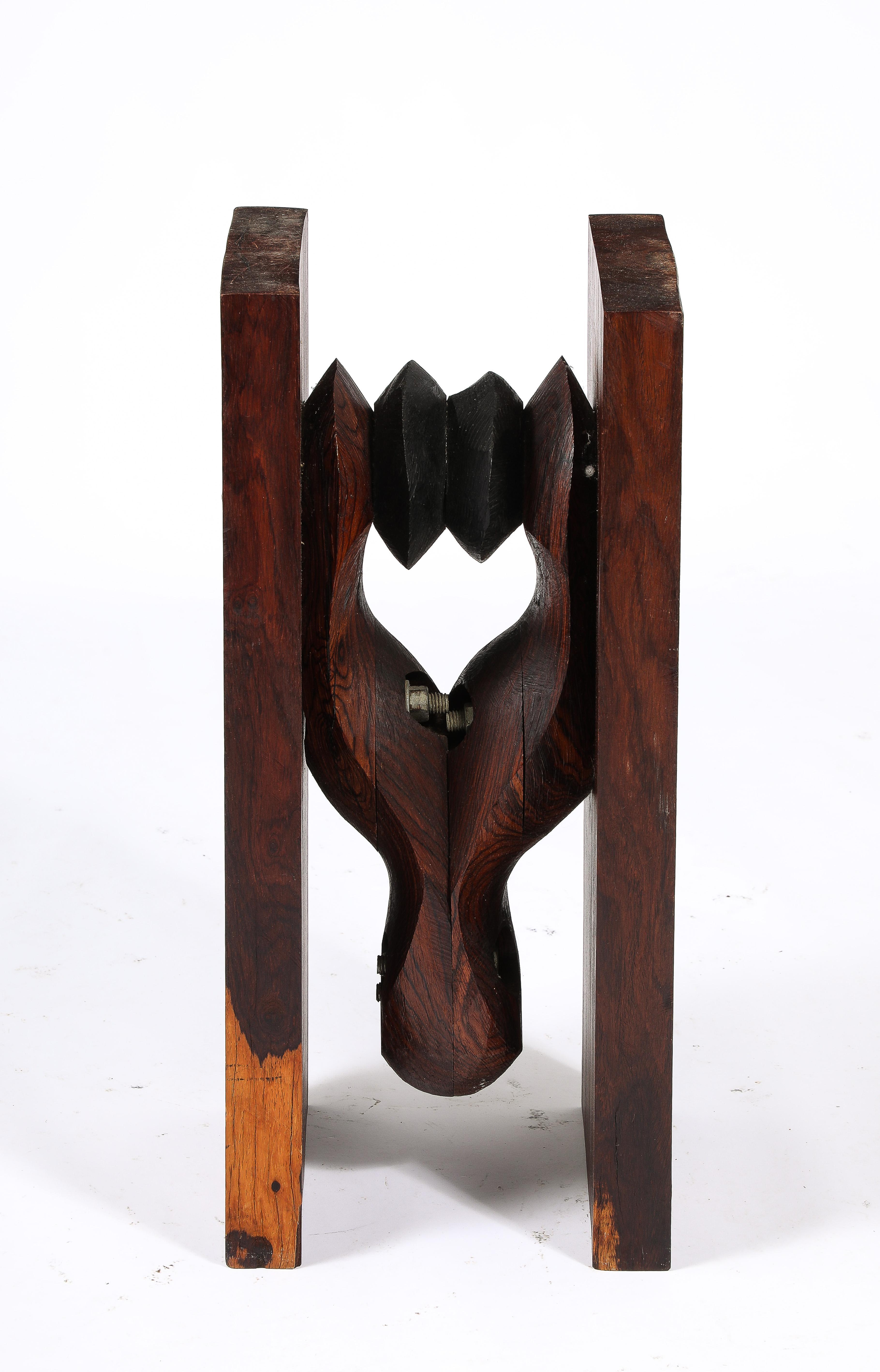 Art Glass Carved Walnut & Cobalt Blue Glass Side Table, USA 1960's For Sale